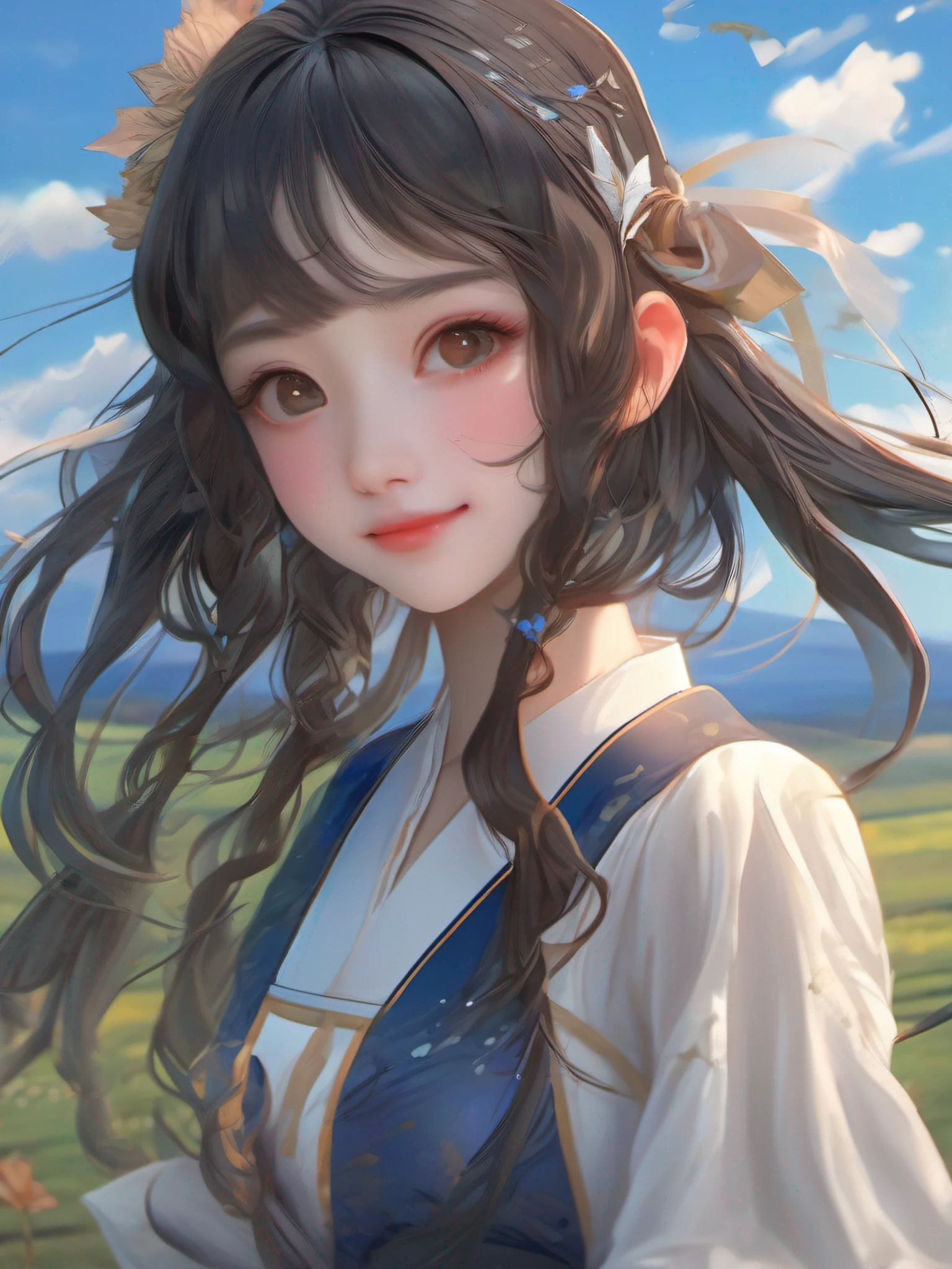Ultra-high detail CG painting、top-quality、beautiful Girl、Shabo ball、Beautiful countryside、Swaying steppe、In the bright twilight、beautiful blue skies、Hair blown in the wind、Soft light、Draw an inspiring moment。