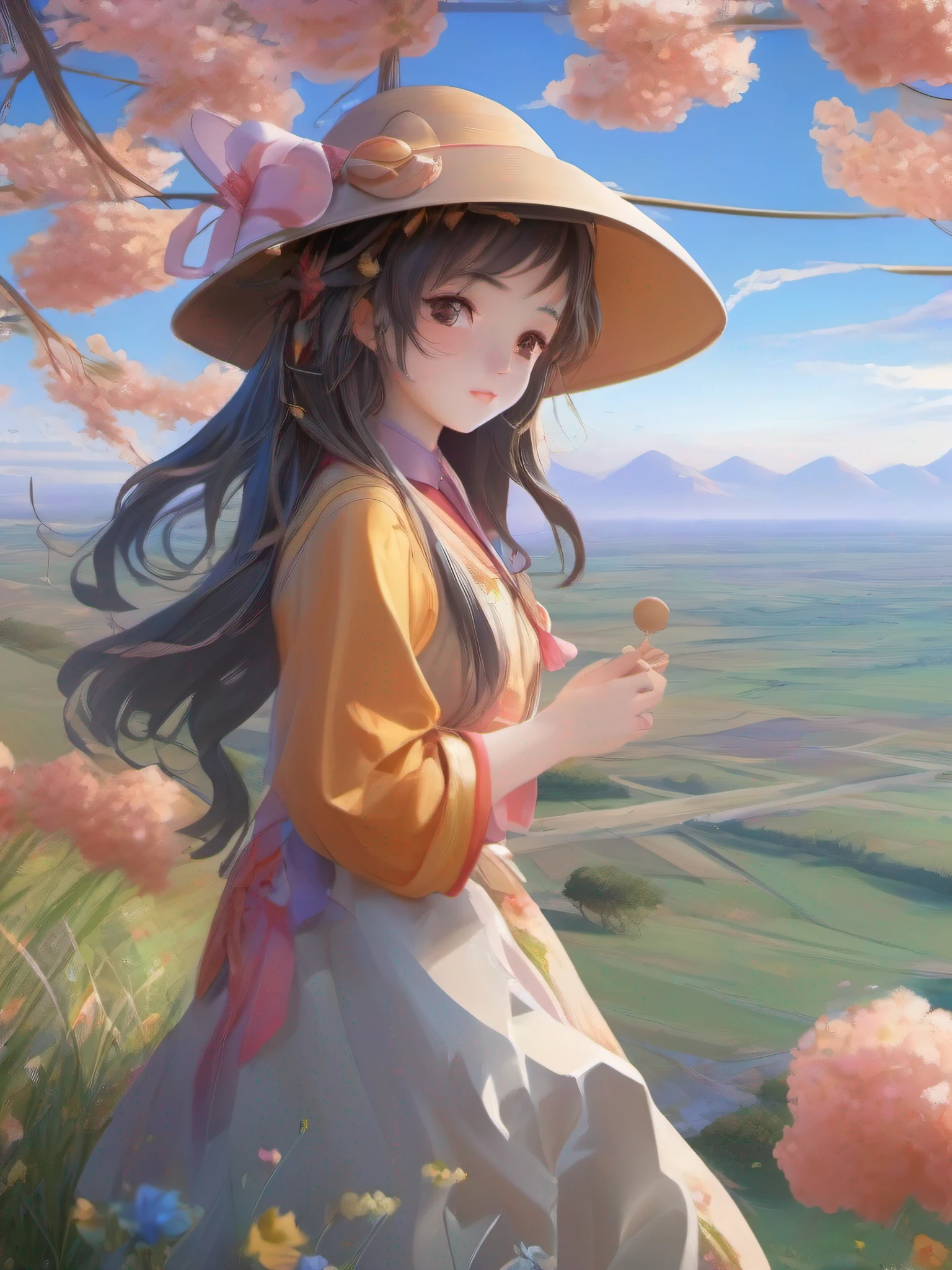 Ultra-high detail CG painting、top-quality、beautiful  Girl、Shabo ball、Beautiful countryside、Swaying steppe、In the bright twilight、beautiful blue skies、Hair blown in the wind、Soft light、Draw an inspiring moment。