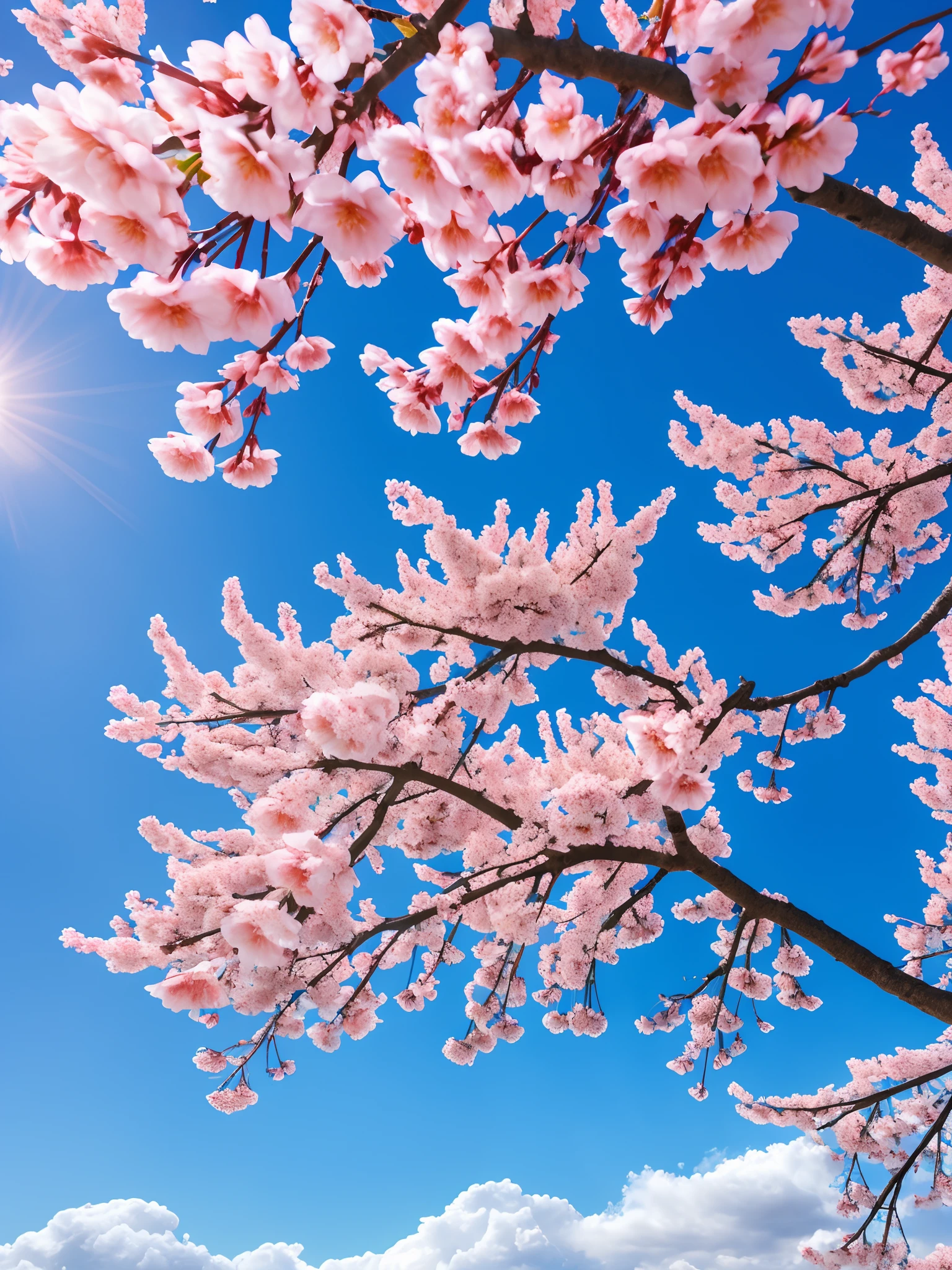 The background is blue sky, sakura blooming on background, sakura bloomimg, clubs, flowers blooming, blossoms, Pink flowers, SakuraNS, SakuraNS, apple blossoms, Sakura flower, blossoming, bloom and flowers in background, cherry tree in the background, SakuraNS, springtime, flower bloom，tmasterpiece，best qualtiy，（Very detailed CG unity 8k wallpaper）（best qualtiy），（Most Best Illustration），（best shadow）