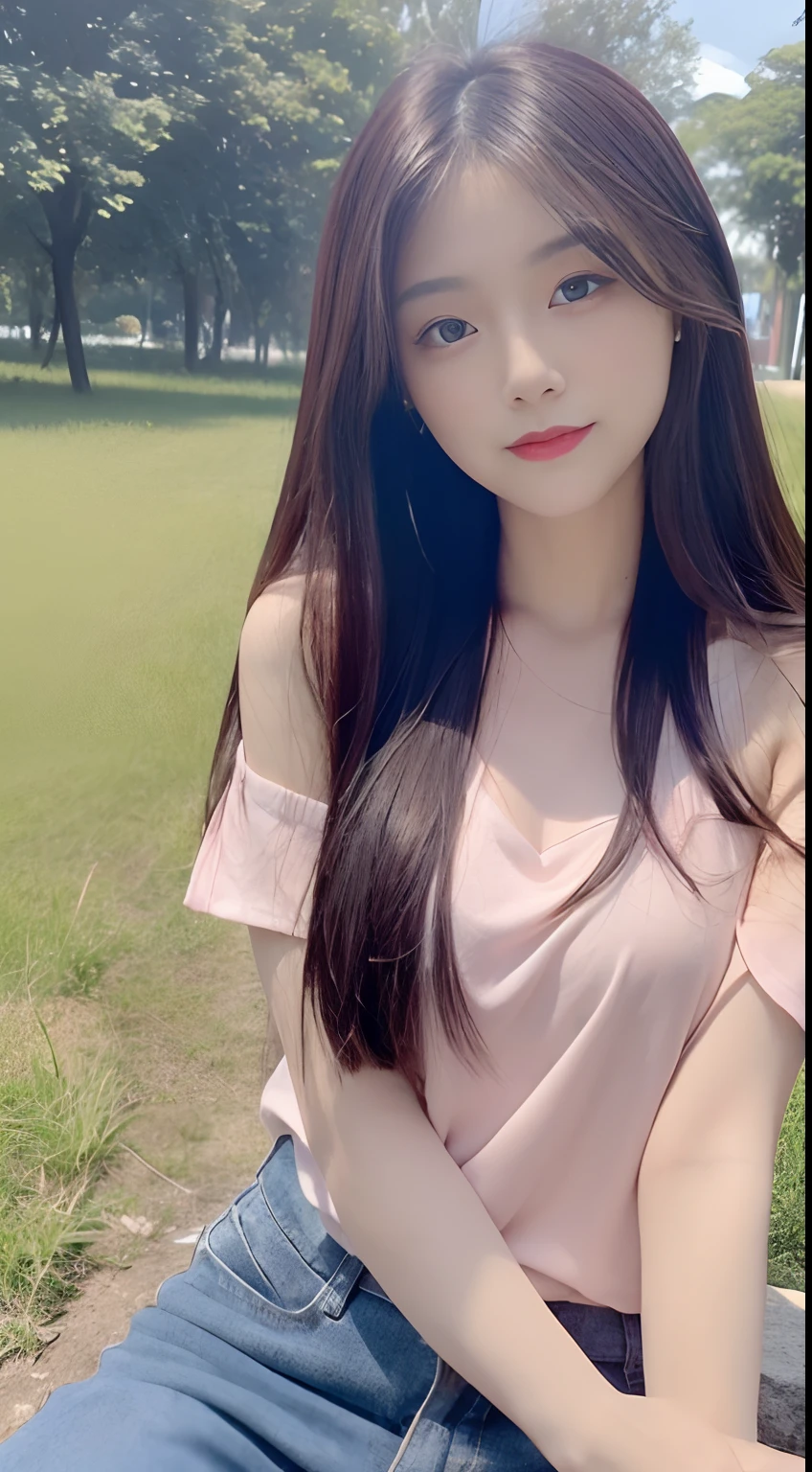 ((best qualtiy, 8K, tmasterpiece:1.3)), A pretty maiden,Pure,((Melon seed face:1.4)),gentle and cute,perfect bodies,frontage,Tilt your head,((Short one-shoulder T-shirt,Loose trousers)),Black hair smooth,Long hair shawl,round black big eyes,Clear big eyes,((Hydrated red lips)),(lipstick),(Be red in the face),((Rushed skin)),Sweet,Sit on grass,the woods,Buildings,grassland background,