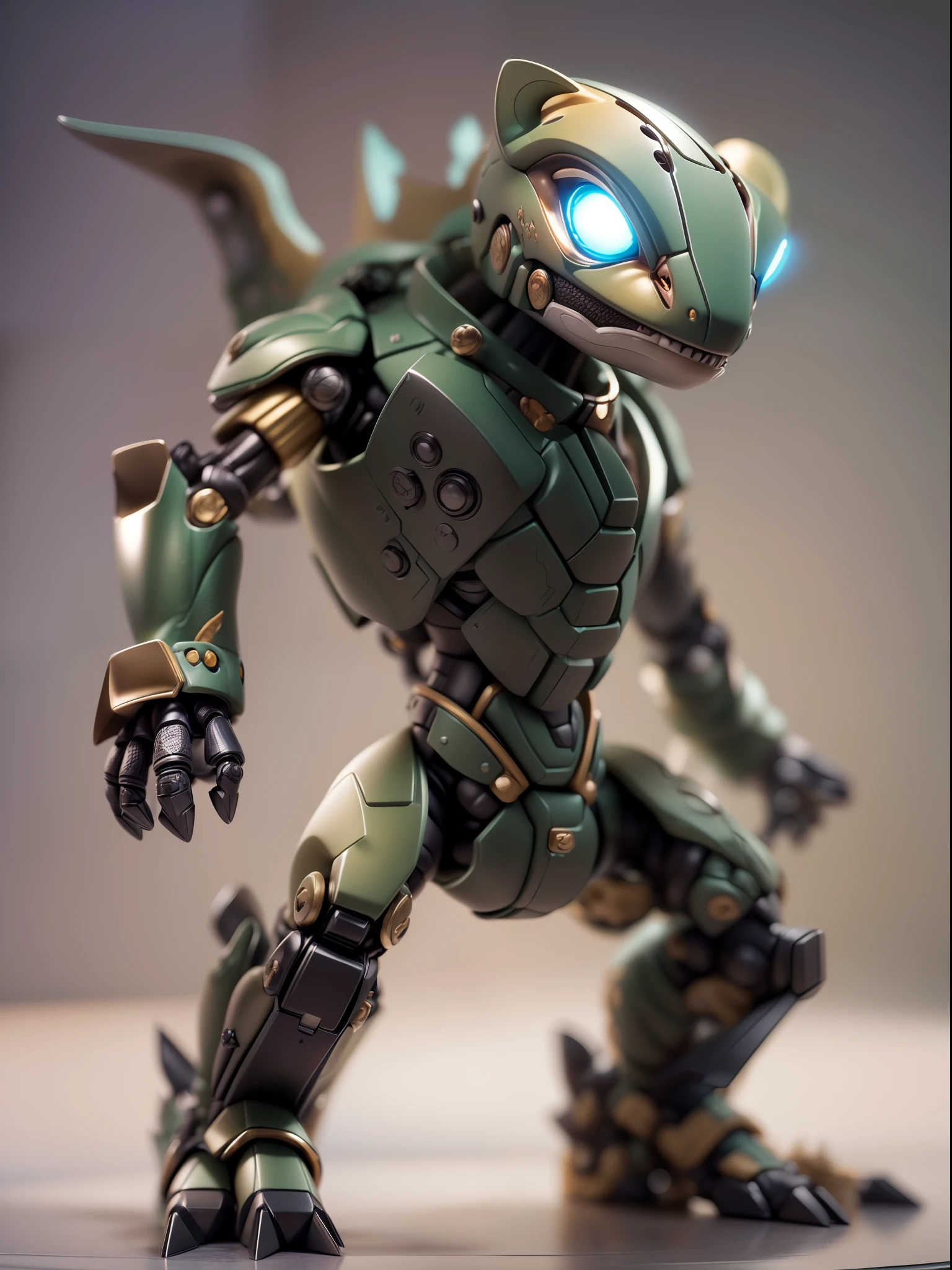 (Blind box toy style:1.3),((Full body shot))(anthropomorphism) , (1 strong lizard mecha warrior)(((solo))) metal mecha,dreamy glow, Clean dark background,Brown black style,(circular base)( Global illumination, Ray tracing, hdr, unreal render,reasonable design, high detail, Masterpiece, Best quality, hyper HD, Cinematic lighting)