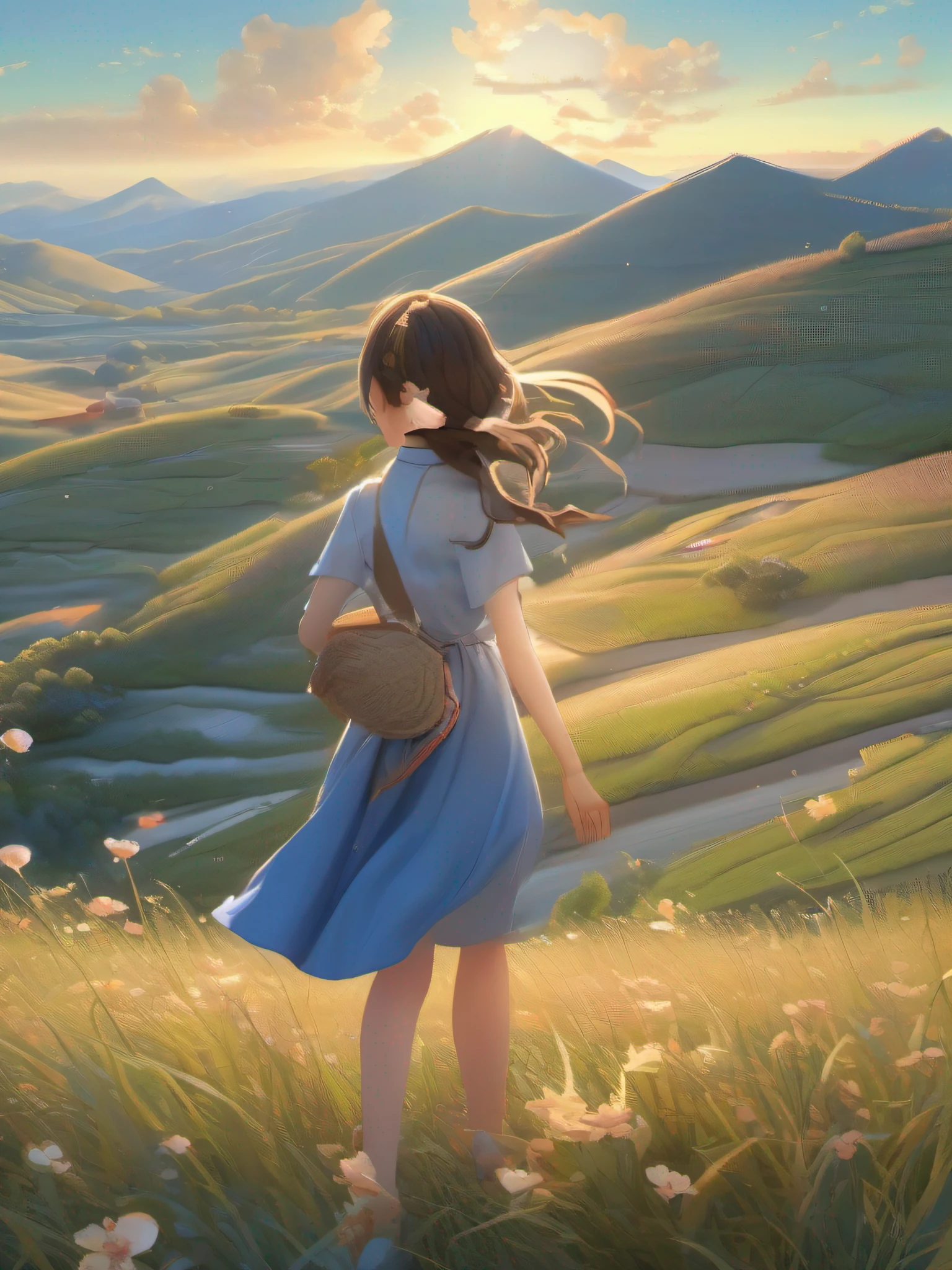 Ultra-high detail CG painting、top-quality、beautiful Girl、Shabo ball、Beautiful countryside、Swaying steppe、In the bright twilight、beautiful blue skies、Hair blown in the wind、Soft light、Draw an inspiring moment。