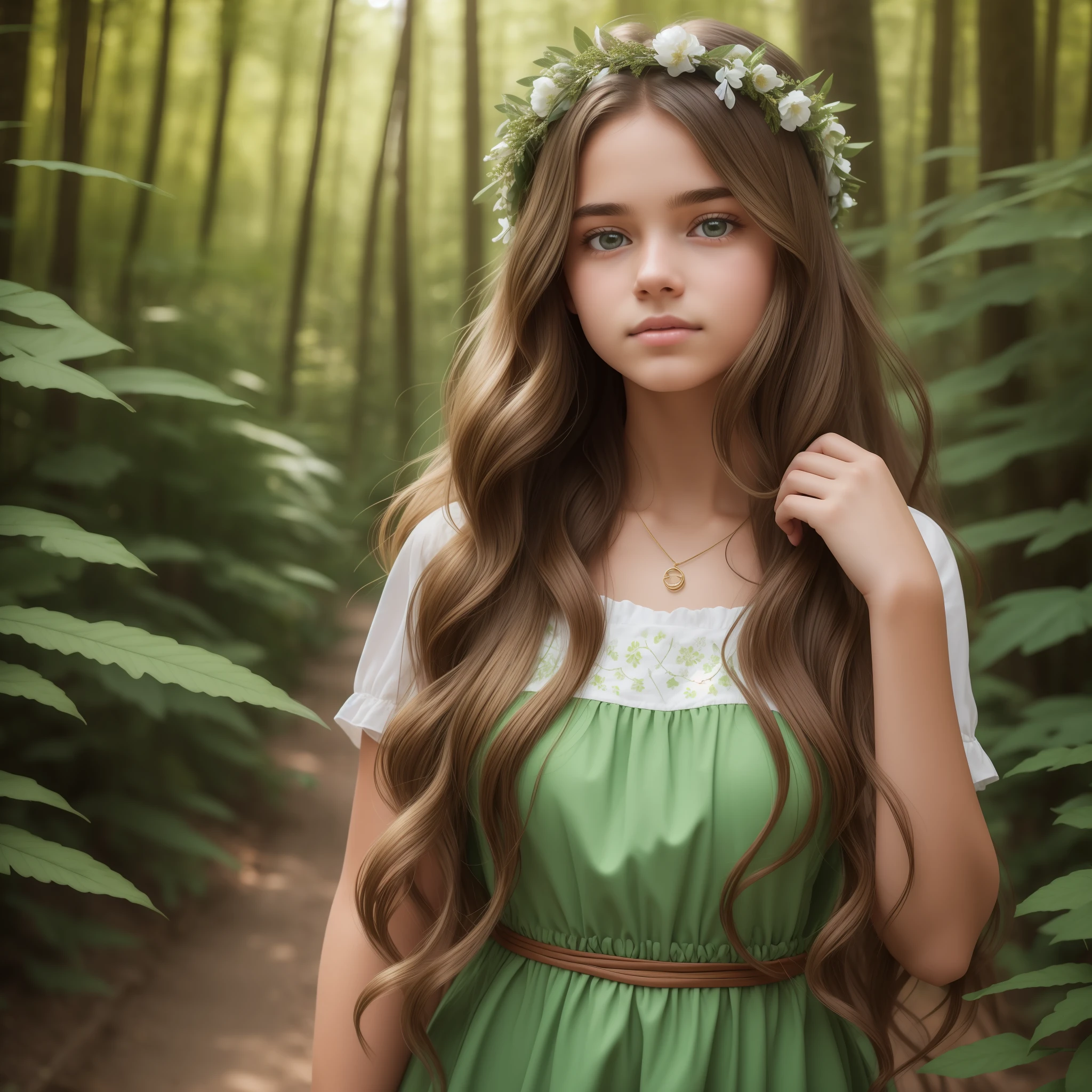 2a teenage girl standing in the middle of a temperate forest, her hand in her hair, with a slight breeze going through her hair. the teenage girl has light brown skin and light brown wavy hair, her eyes are blue and green, and she is wearing a flower crown, her form is model like, her outfit is a foresty outfit with green and white, and she has a golden neclace, she has her hand in her hair