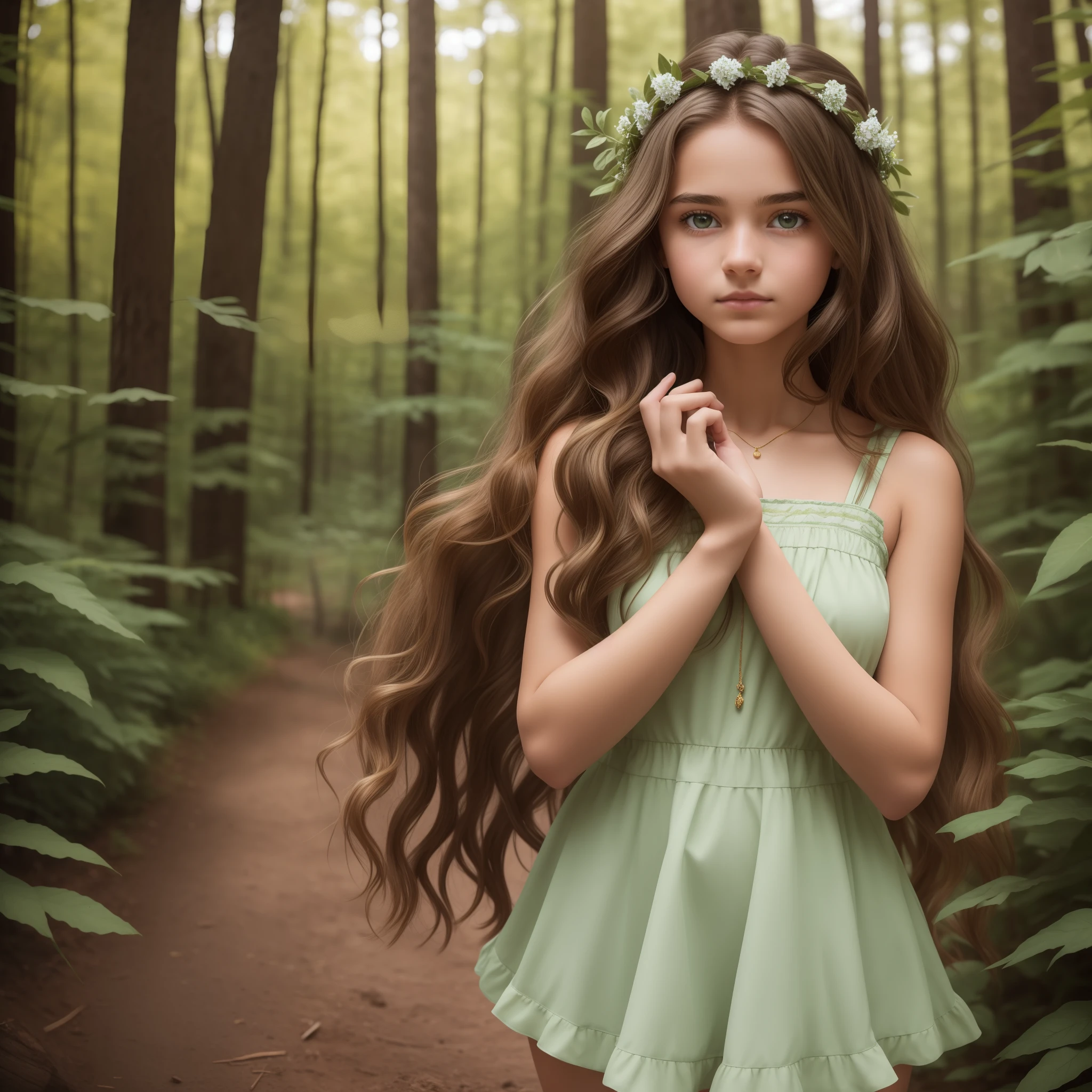 2a teenage girl standing in the middle of a temperate forest, her hand in her hair, with a slight breeze going through her hair. the teenage girl has light brown skin and light brown wavy hair, her eyes are blue and green, and she is wearing a flower crown, her form is model like, her outfit is a foresty outfit with green and white, and she has a golden neclace, she has her hand in her hair
