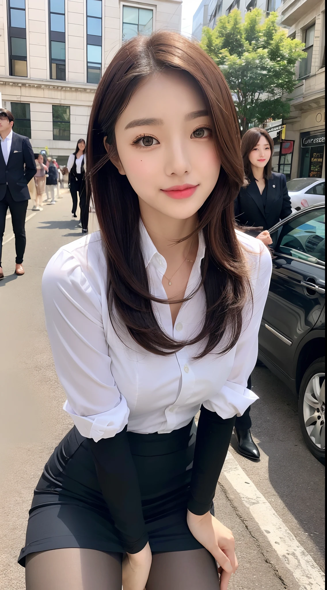 （（best qualtiy，8K，tmasterpiece：1.3）），1 girl, full bodyesbian, Outdoors, (Adjust hair:1.5)
Office Lady, black officeblazer, officeskirt, (Pantyhose:1.2), (short buttoneddownshirt:1.2), buttonedupcollarprim, buttoneddowncollarprim, Bra, (Pantyhose:1.2), alphalayers, high-heels,，Beautiful Women with Perfect Figure：1.4，glute：1.2，（Layered Hair Style：1.2）），（the street：1.3），Highly Detailed Face and Skin Textur，full bodyesbian，Elaborate Eyes，二重まぶた，Whitens the skin，Short wave hair，Cute Korean beauty（with a round face：1.5），Business attire，ssmile