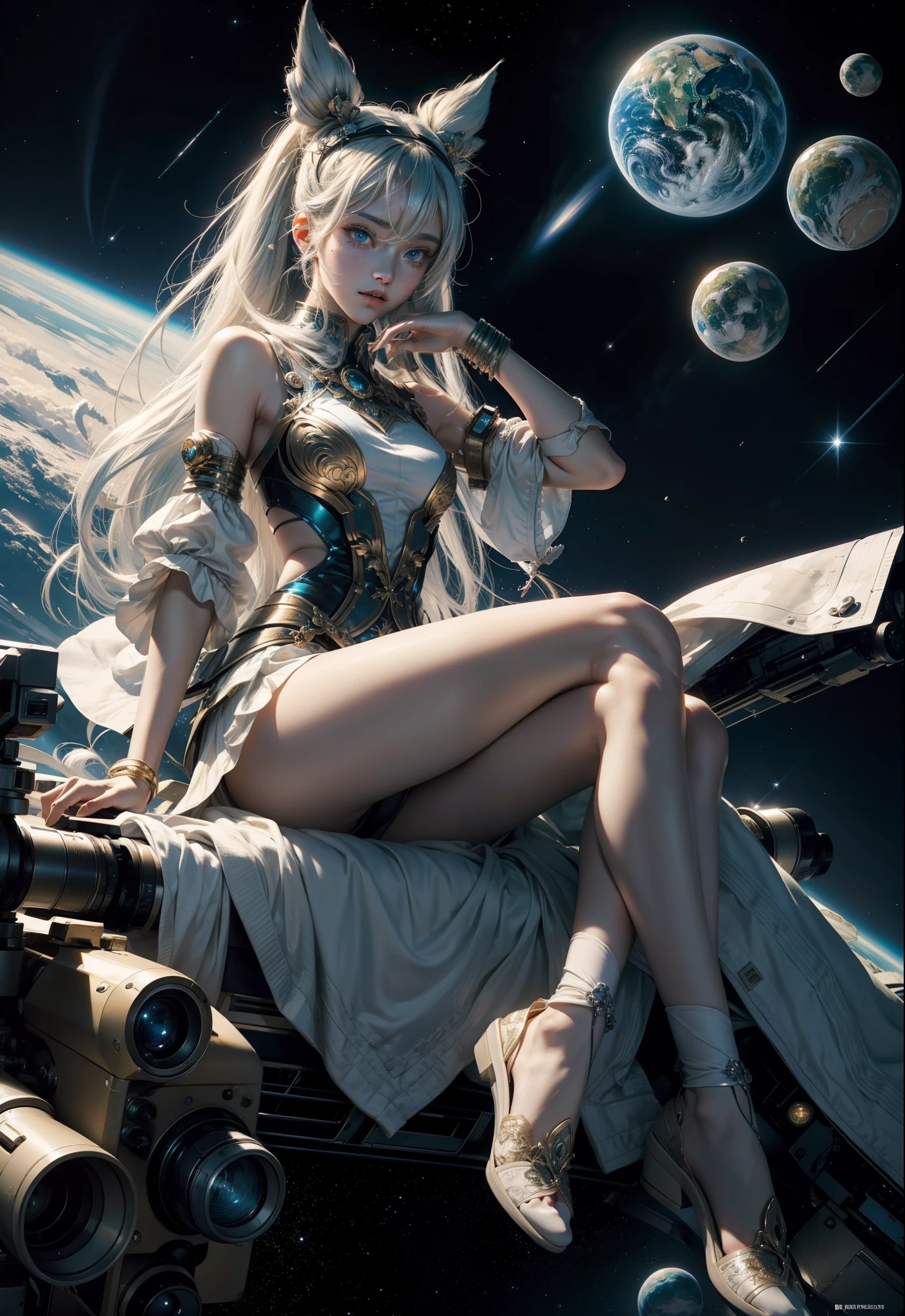 Shibuya、Hatsunemiku、(ultra realisic), (Space illustrations), (high resolucion), (8K), (highly detaild), (the best illustration), (Beautiful detailed eyes), (Best quality at best), (A highly detailed), (Masterpiece), (Space Wallpapers), (Detailed face), Solo、, 1 rapariga, Disheveled aristocratic space costume、White hair, Iris bichromatic eyes, small mole under eyes, Medium chest, Long leg、Amazing composition、Foot headbands、Beautiful and delicate legs