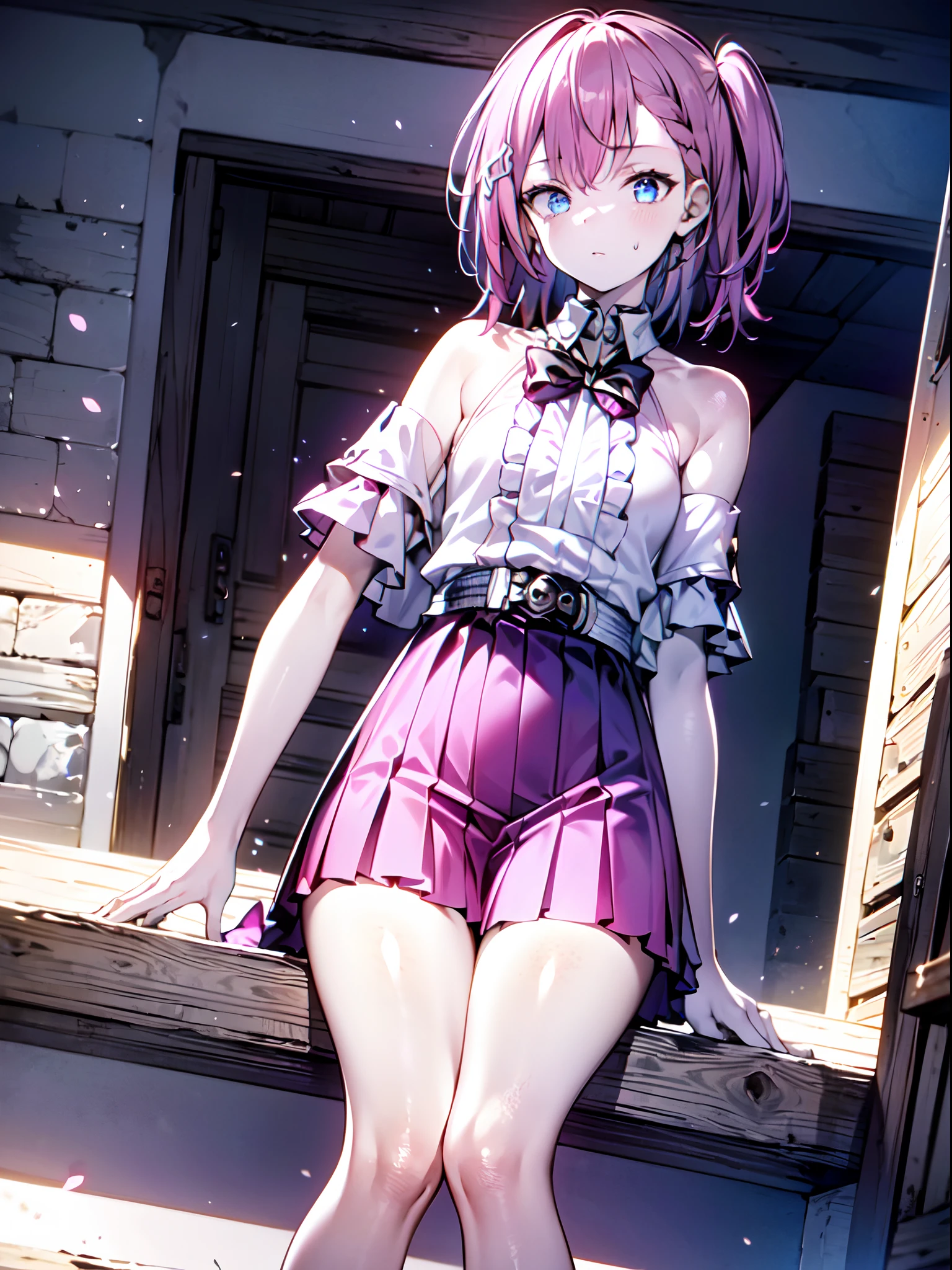 (masterpiece:1.2), (pale skin:1.2), (8k:1.2), (solo:1.2), (female:1.4), (dynamic angle), pink hair, blue eyes, white dress, (skirt:1.2), closed mouth, (bare shoulders:1.3)