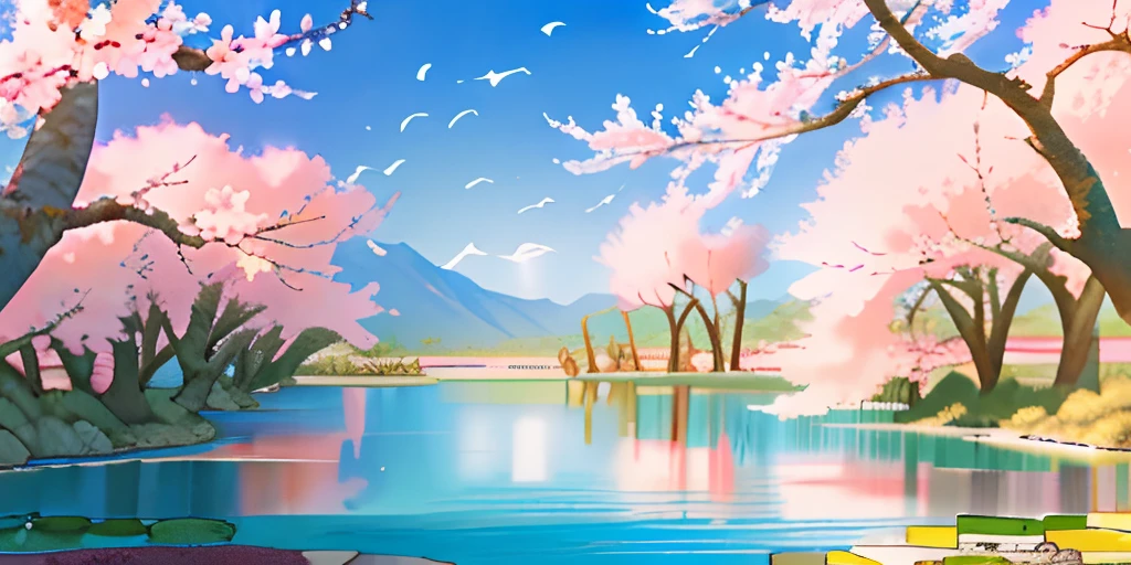 Desert oasis, Lake in an oasis, Peach blossom forest by the lake, Egrets fly on the lake。