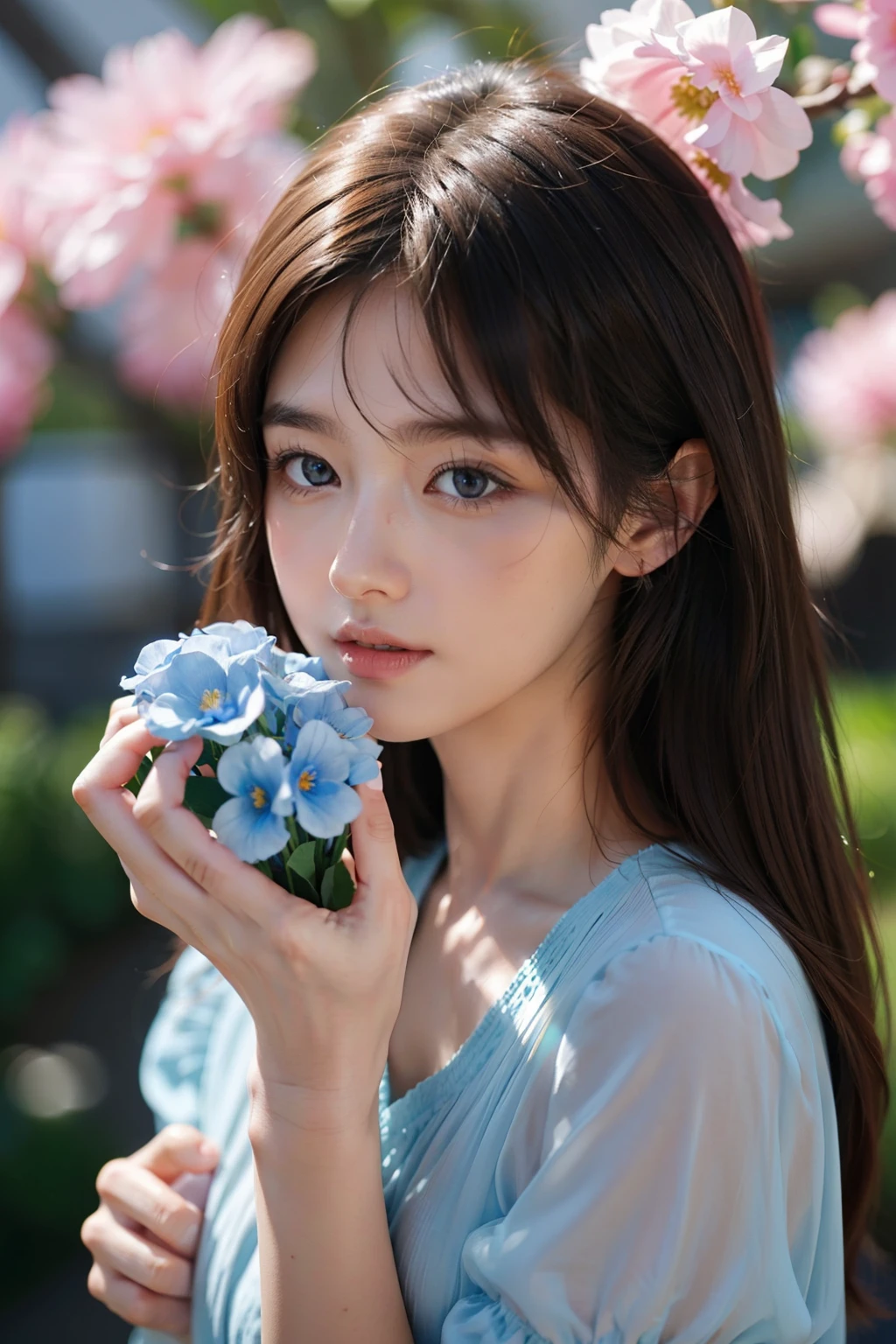 He had brown hair and glowing blue eyes.、Making the image of a cute animal lover woman。Flowers in the background