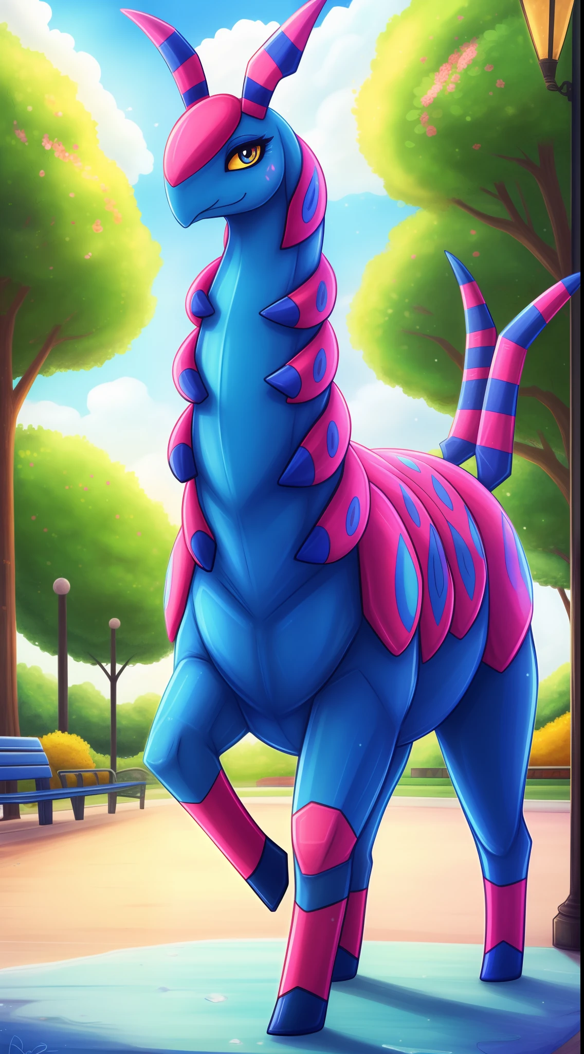 scolipede (pokemon), detailed, best quality masterpiece, dimwitdog art style ,public, smiling, pokemon,multicolored skin, blue skin,blue belly,yellow big eyes,eyeliner,short tail,looking at viewer,park,feral,horse pose,beautiful eyes, blue skin, ice,