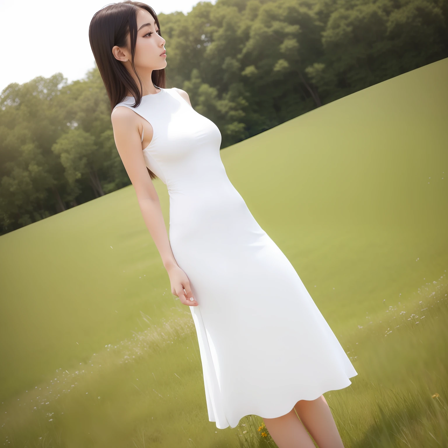 arafed woman in a white dress standing in a field, photo of slim girl, photo of slim girl model, smooth white tight clothes suit, wearing tight simple clothes, good young girl, full body cute young lady, tall thin beautiful goddess, skinny waist and thick hips, korean girl, hot with shining sun, profile pic, young and cute girl