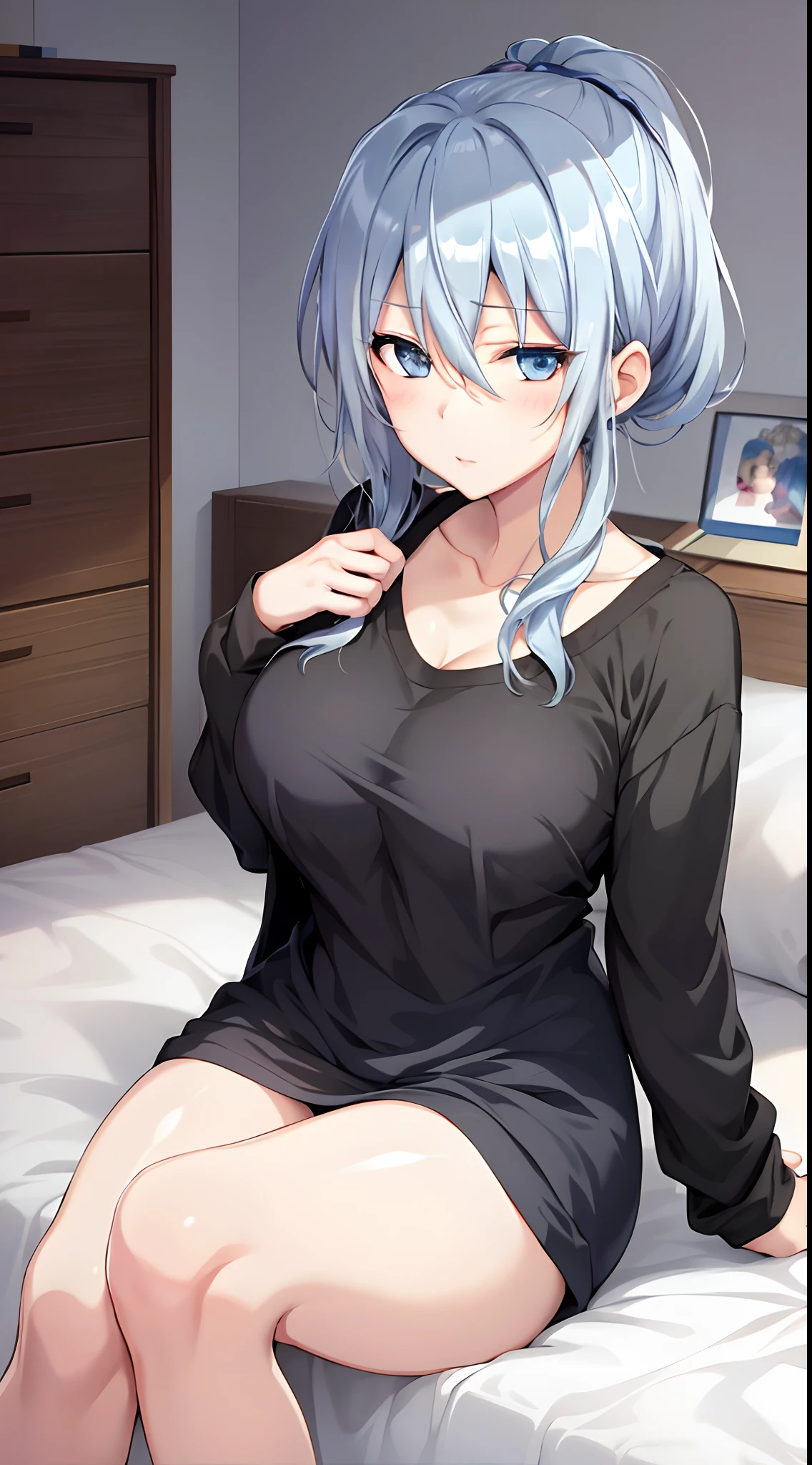 Yukino, in bed, silver hair and  blue eyes, black shirt and no bra, anime visual of a cute girl, screenshot from the anime film, & her expression is solemn, in the anime film, in an anime, anime visual of a young woman, she has a cute expressive face, still from anime, big breast, red cheek, lustful face, fair skin