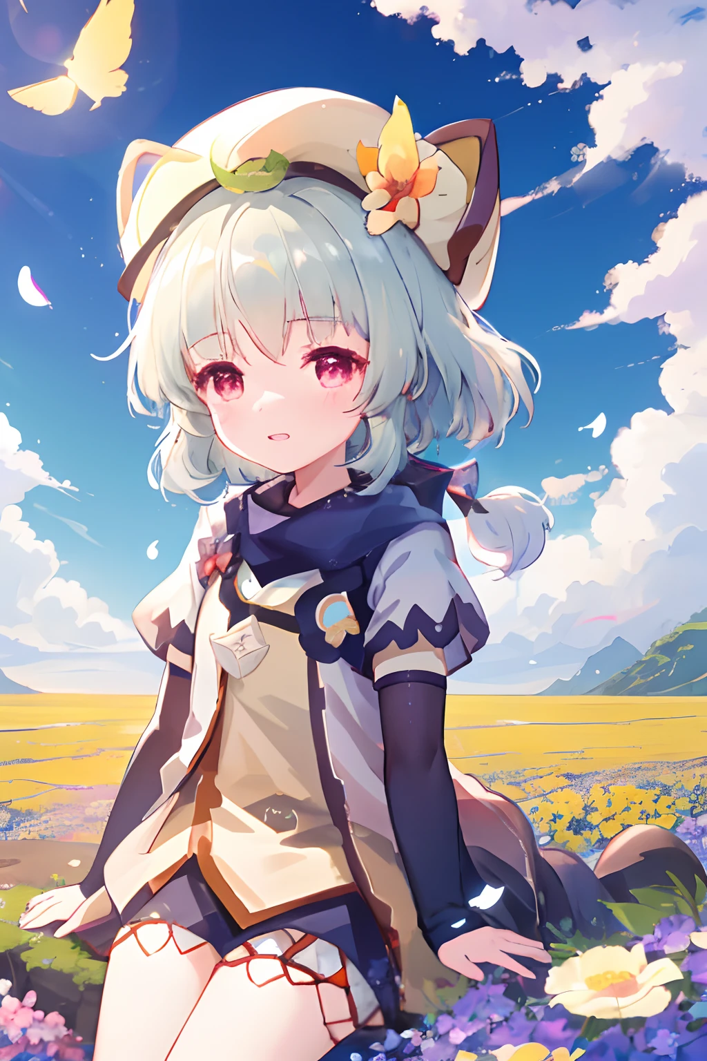 Cute s,,独奏,ventania,White hat,blue-sky,double teeth,,lens flare glow,dramatics,Coastal,
flying petal, flower field, Skysky, suns, Tano, himawari, tmasterpiece, Best quality at best,