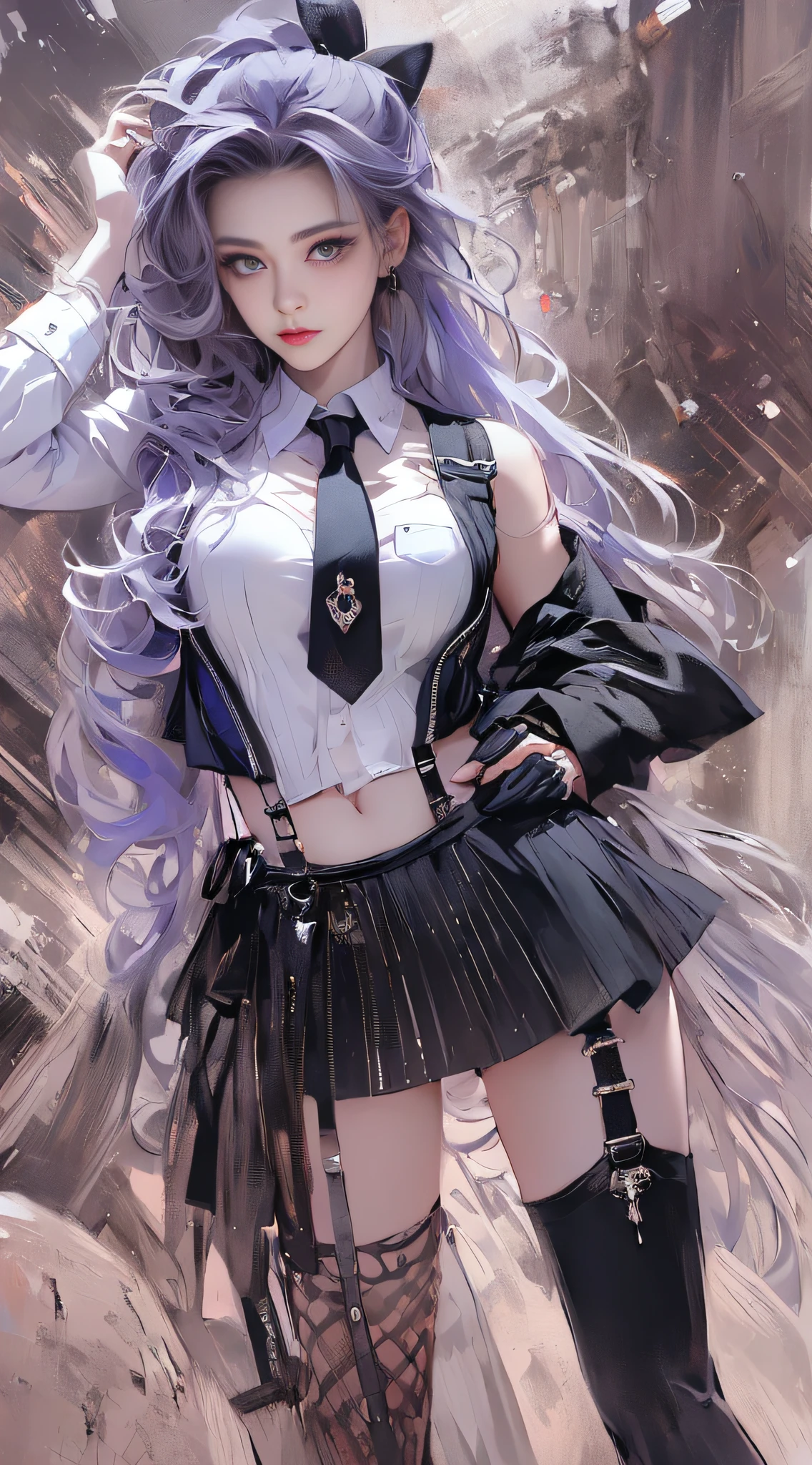 (full body:1.2),(detailed face and eyes:1.3),Classic headshot pose:1.2
torchan,1girl,solo,long hair,purple hair,green eyes,sunglasses,mini crown,shirt,long sleeves,necktie,ahoge,suspenders,suspender skirt,single thigh strap,holster,kneehighs,
Ultra-detail,(highres:1.1),best quality,(masterpiece:1.3),cinematic lighting,