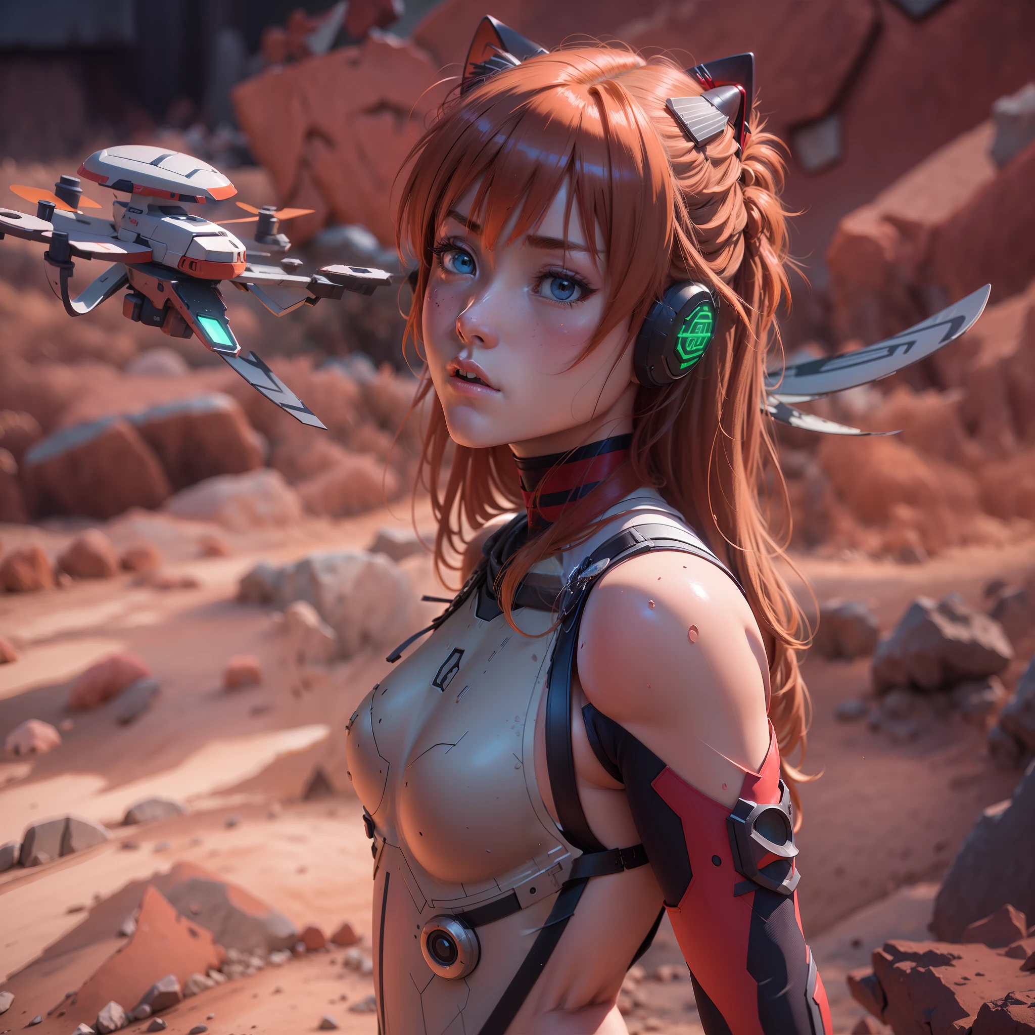 1 girl, Asuka Langley Shikinami, Caminando por un desierto de tierra roja, accompanied by a drone, piedras rojas, ((ojos azules)), ((pecas en el rostro)), en plugsuit transparente, ((culo perfecto)), ((small ass)), (((DeepVnecklineslipdress))), vista desde arriba, Trazado de rayos, NVIDIA RTX, Super resolution, Irreal 5, Sub-Surface Scatterring, Texturas PBR, postprocesamiento, Anisotropic filtering, profundidad de campo, maximum sharpness and sharpness, Texturas multicapa, Mapeo de albedo y especular, sombreado de superficie, Accurate simulation of light-material interactions, proporciones perfectas, octane representation, duotone lighting, ISO bajo, balance de blancos, regla de tercios, apertura amplia, 8K RAW, high-efficiency subpixels, sub-pixel convolution, glow particles