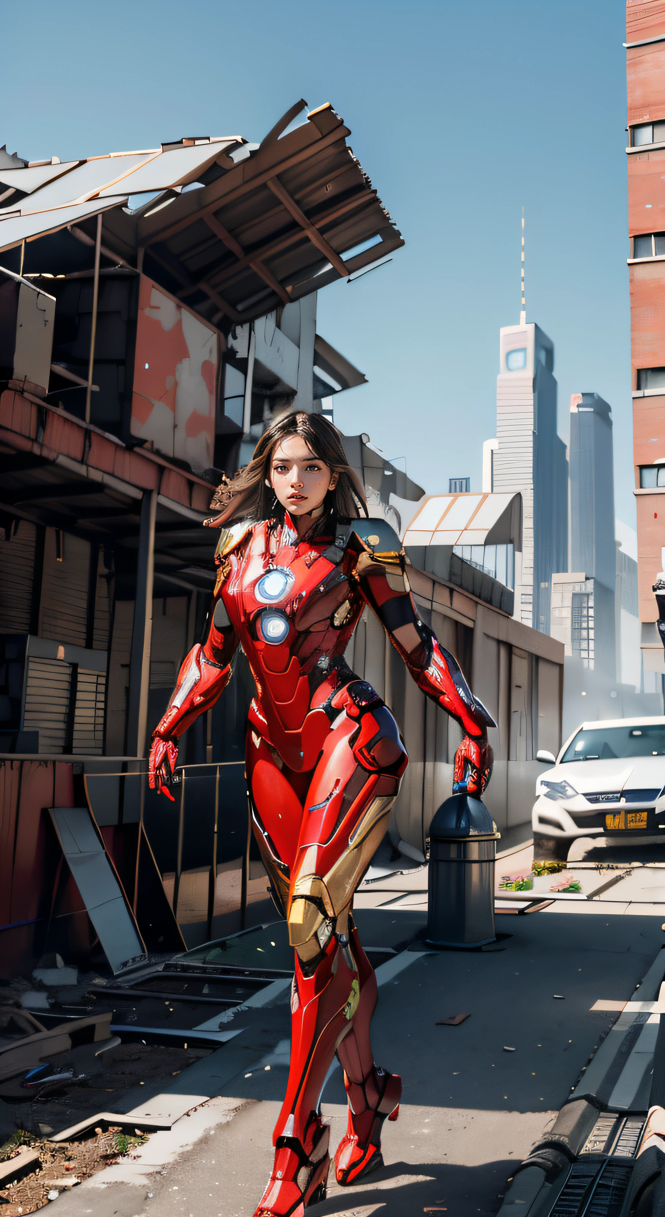 RAW, Masterpiece, Ultra Fine Photo,, Best Quality, Ultra High Resolution, Photorealistic, Sunlight, Full Body Portrait, Stunningly Beautiful,, Dynamic Poses, Delicate Face, Vibrant Eyes, (Side View) , she is wearing a futuristic Iron Man mech, red and gold color scheme, highly detailed abandoned warehouse background, detailed face, detailed and complex busy background, messy, gorgeous, milky white, high detailed skin, realistic skin details, visible pores , sharp focus, volumetric fog, 8k uhd, dslr camera, high quality, film grain, fair skin, photorealism, lomography, sprawling metropolis in futuristic dystopia, view from below, translucent