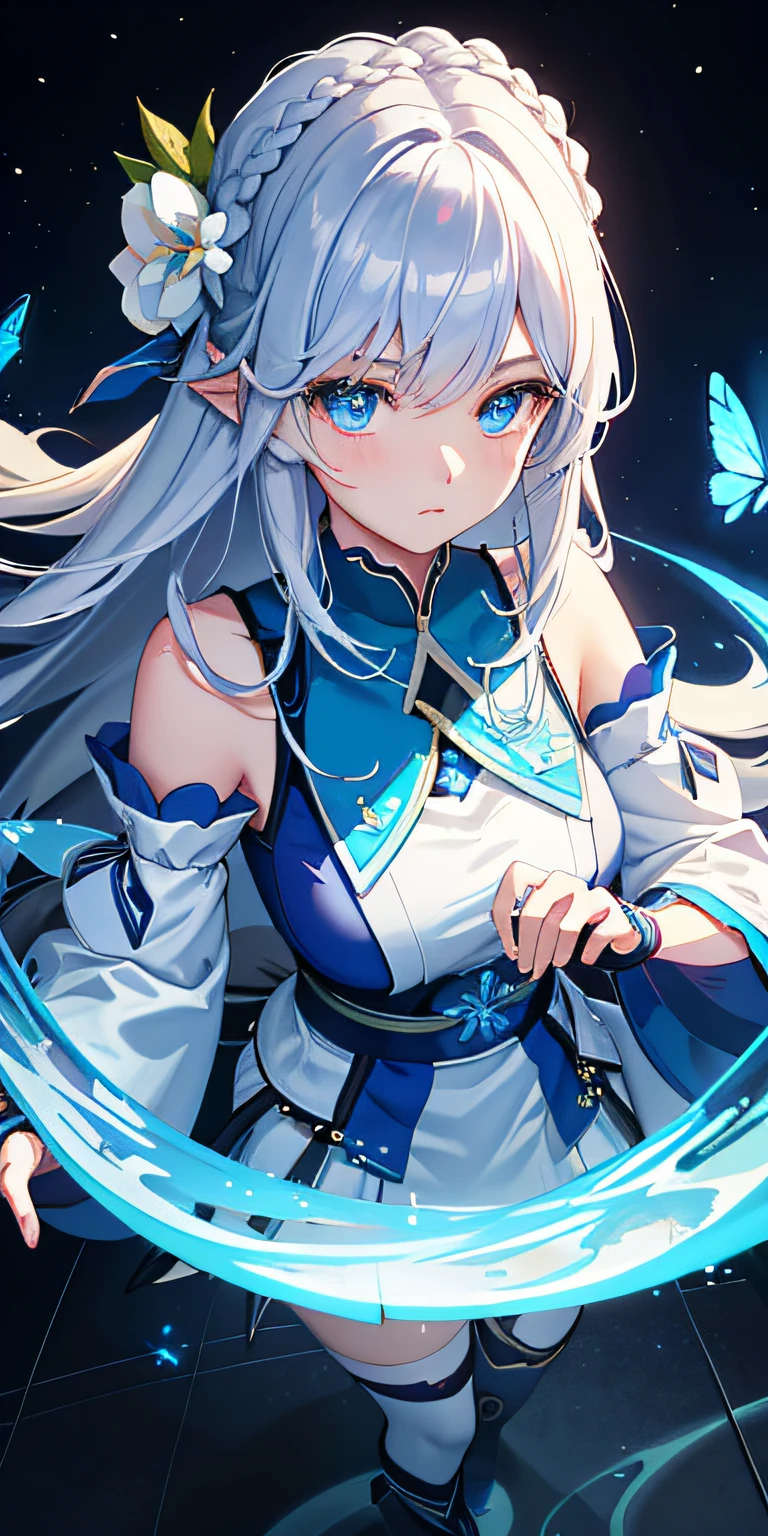 (Overhead view),dynamic angle,ultra-detailed, illustration, close-up, straight on, 1girl, (fantasy:1.4), (azure blue eyes:1.233),Her eyes shone like dreamy stars,(glowing eyes:1.233),(beautiful and detailed eyes:1.1),(Silver hair:1.14),(messy hair,very long hair,french braid,hair between eyes,sidelocks), (+(bule hair flower:1.14)),(chiffon dress,bule flower pattern in uniform)/=(military uniform:1.24),(detached sleeves,wide sleeves),(fingerless gloves),choker,(miko thighhighs),High heeled boots,(expressionless,closed mouth),(standing), (classical Princess boudoir with dressing tableand french windowin a white ancient palaces),(white flowers,bloom),(abysmal sea),(flowing water),(a dull blue world tree:1.14),(ruins),(night:1.2),dreamy,soul,(fluorescence),(flying translucent blue butterflies:1.15), [[delicate fingers and hands:0.55]::0.85],(detail fingers),(yubao:0.5),