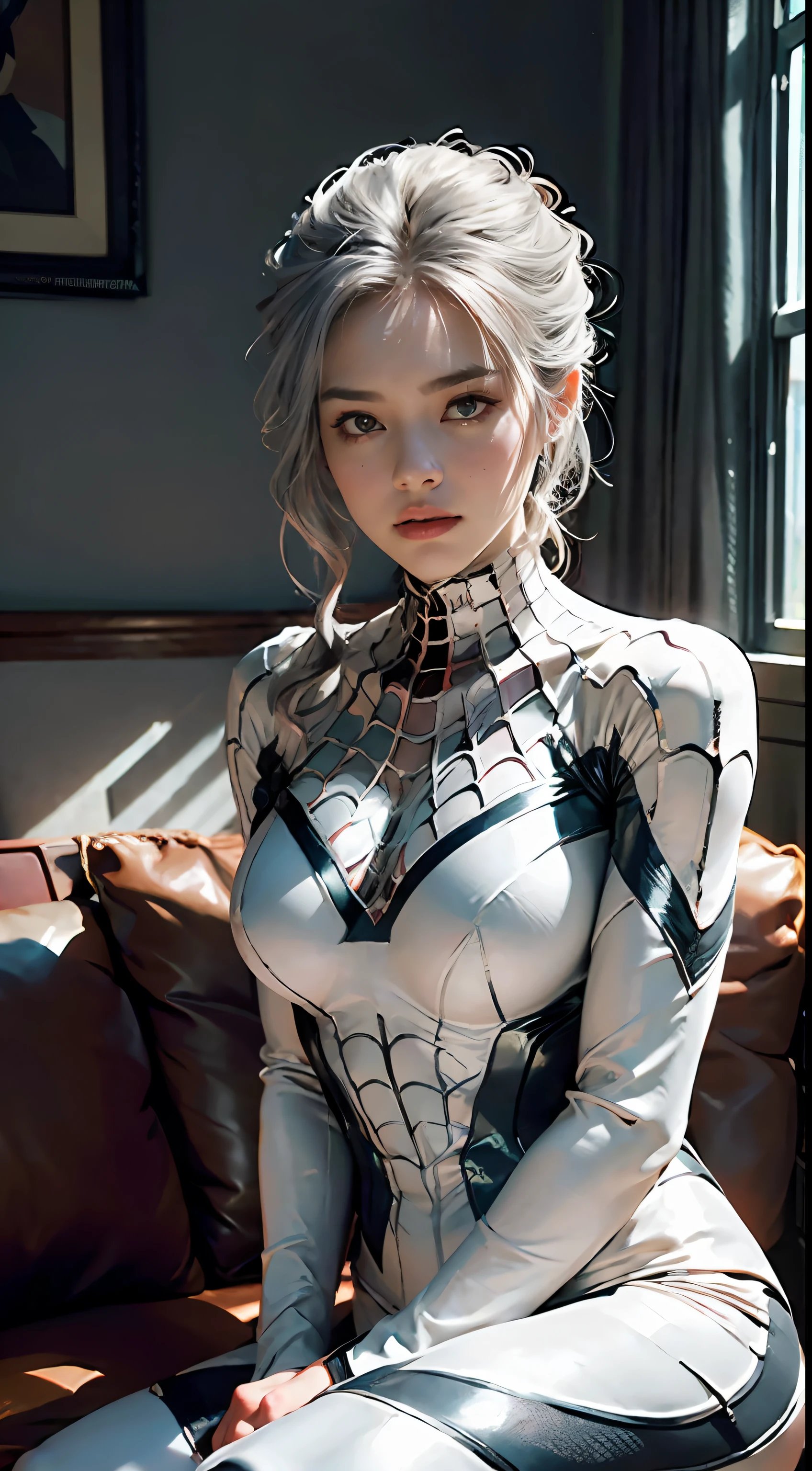 (Extreme Detail CG Unity 8K wallpaper, masterpiece, Top Quality), (Exquisite lighting and shadow, Very dramatic visuals, cinematic lens effect), a girl in a white Spider-Man costume, silver gray hair color, Spider-Man parallel universe, Wenger, Marvel, Spider-Man, Sitting on the couch in a dynamic pose), (excellent detail, excellent lighting, Wide Angle), (excellent rendering, enough to stand out in its class), White Spider-Man costume, Big breasts, Pretty legs
