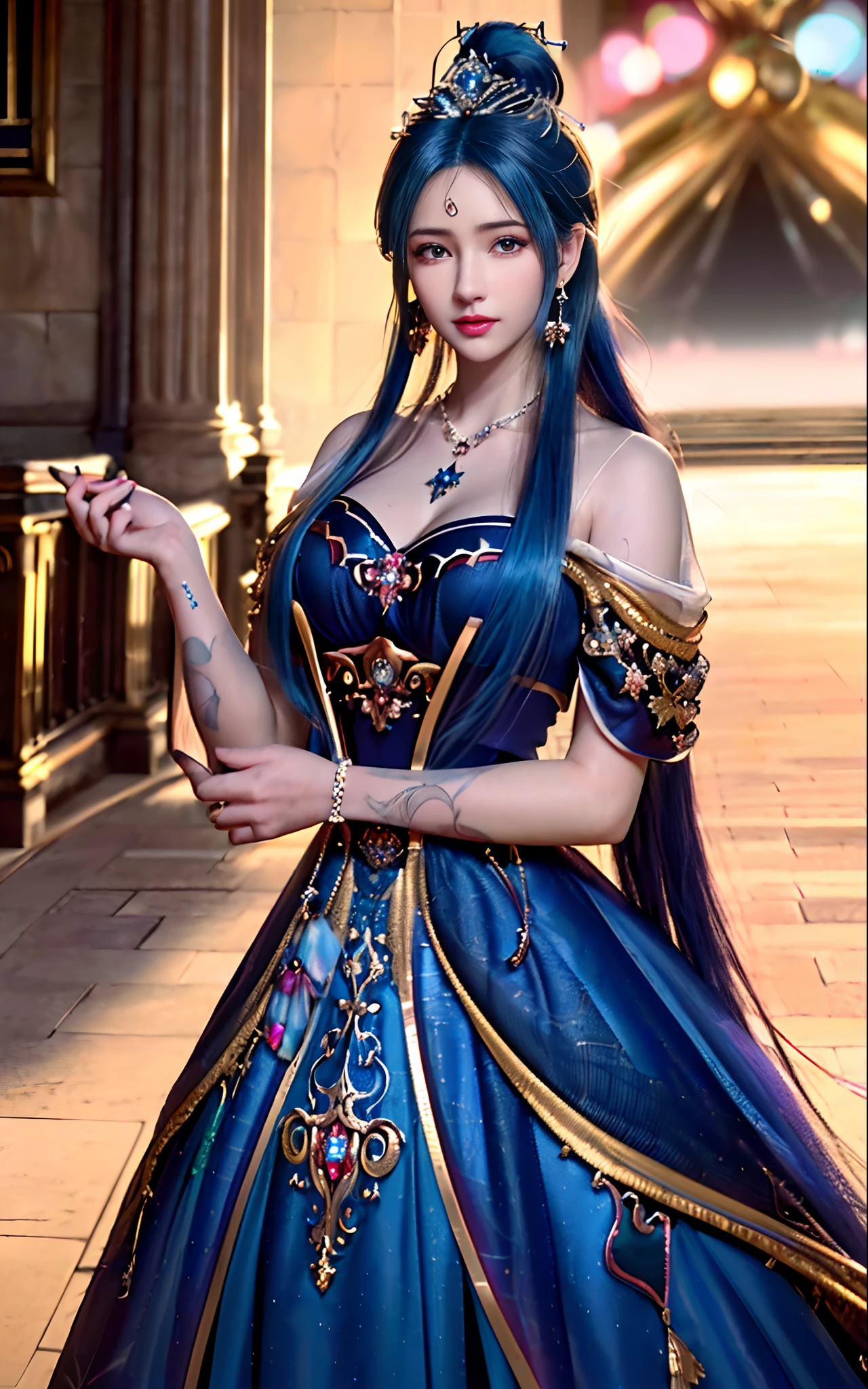 ((realisticity: 1.2)), ((realistic: 8K UHD)), ((best resolution: 8K UHD)), hyper detailed, best quality,masterpiece,highres,cg, ((1 girl hyper detailed and hyper realistic) ) , ((beautiful queen, hyper realistic and hyper detailed)),((white skin, beautiful, smooth, youthful, hyper realistic and hyper detailed )), ((Face hyper beautiful, white, hyper realistic and hyper detailed ) ), long hair, ((hyper realistic and hyper detailed dress)), solo, ((hyper realistic, hyper beautiful, beautiful and hyper detailed jewelry)), ((hyper beautiful deep red and golden yellow dress, hyper realistic and hyper detailed )) , ((Her pretty, hyper realistic, hyper detailed diamond filled earrings)), ((Her gorgeous diamond haircut, hyper realistic and hyper detailed)), ((hyper pretty upper body, hyper beautiful, hyper realistic and hyper detailed) ), ((medium breast: 1.5)), ((hyper realistic, hyper pretty, hyper detailed boobs)),   ((the backgroun of the royal palace is hyper majestic, hyper realistic and hyper detailed)),((hands and palms hyper beautiful, hyper detailed, hyper realistic)), ((hyper pretty, hyper pretty, hyper realistic and hyper detailed hair bun)), ((hyper pretty , hyper realistic and hyper detailed blue hair)), candid, Photo, high resolution, 8k , bokeh,