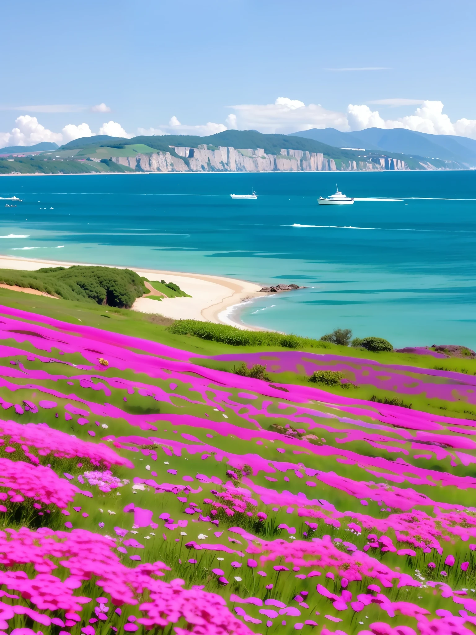 flowers sea rainning everywhere, with flower fields as foreground, flowers sea everywhere, The sea in the background, taken with sony alpha 9, scenic view, Landscape view, Sea in the background, sea in background, very very very beautiful scenery, ; Wide shot, lindo cenario,The sea is sparkling,Sky blue sky,Floating clouds,like cotton candy,