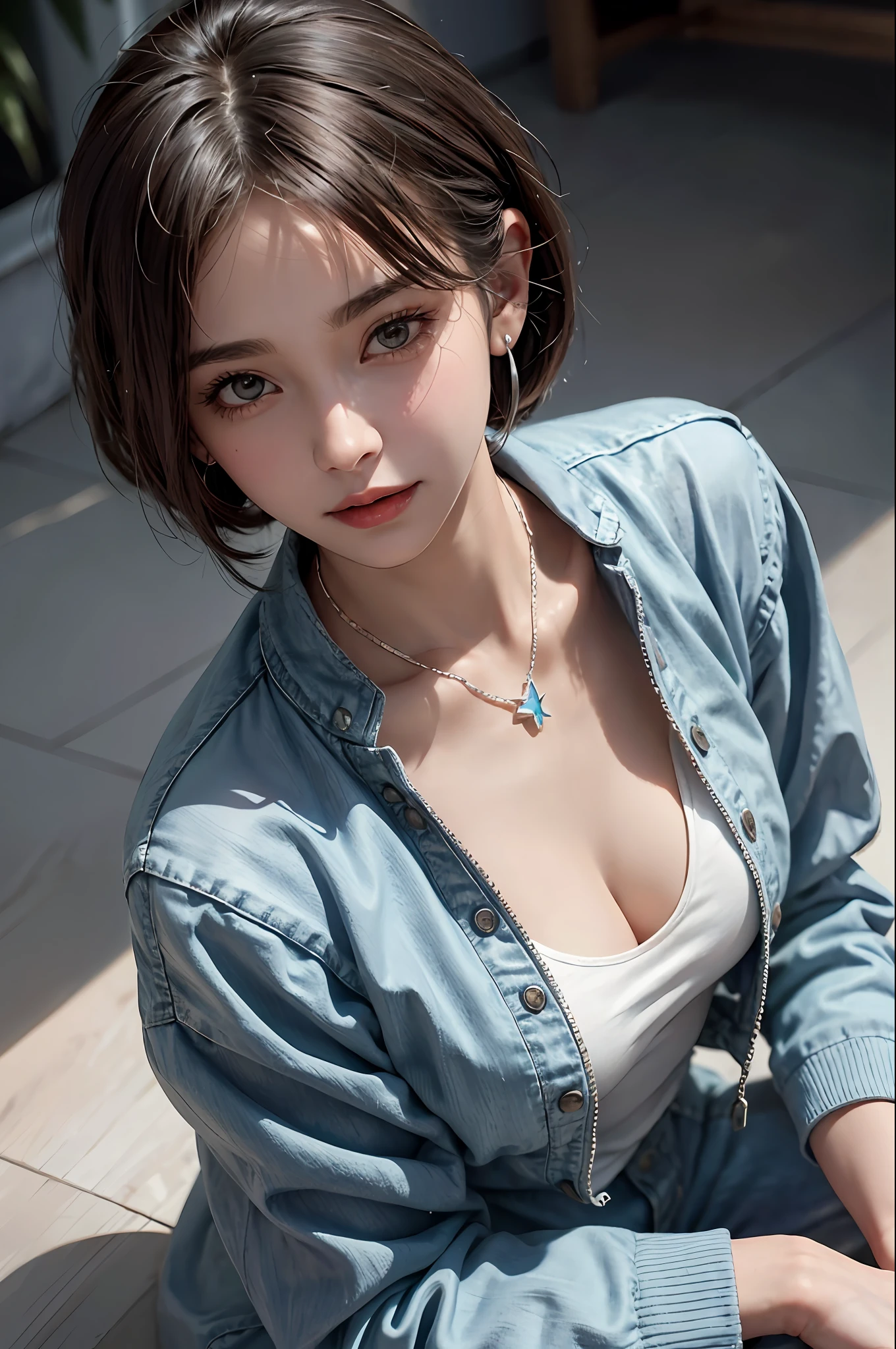 a 30 yo woman，Brunette girl，（High top fade in and out：1.3），dark themes，soothing tones，pastelcolor，hight contrast，（Natural skin texture，ultra-realistic realism，the soft light，sharp），二重まぶた，Smile at me，whitesweater，Light blue denim leggings，Silver necklace，Sparkling earrings，By bangs，with brown eye，