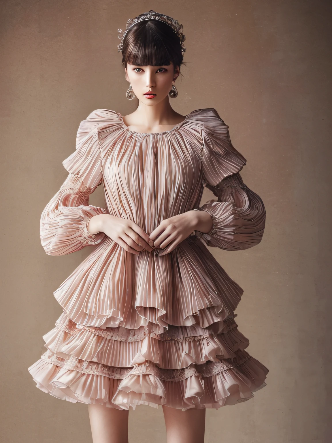 ((top-quality、8K、​masterpiece:1.3))，Full body composition: High Fashion Editorial
photography, Super Detail Face，Studio portrait, Ultra-realistic, fashion
model, exaggerated pose, Sculpture clothing, Big sleeves, Big silhouette, Dynamism,
Contemporary art, Jellyfish motif