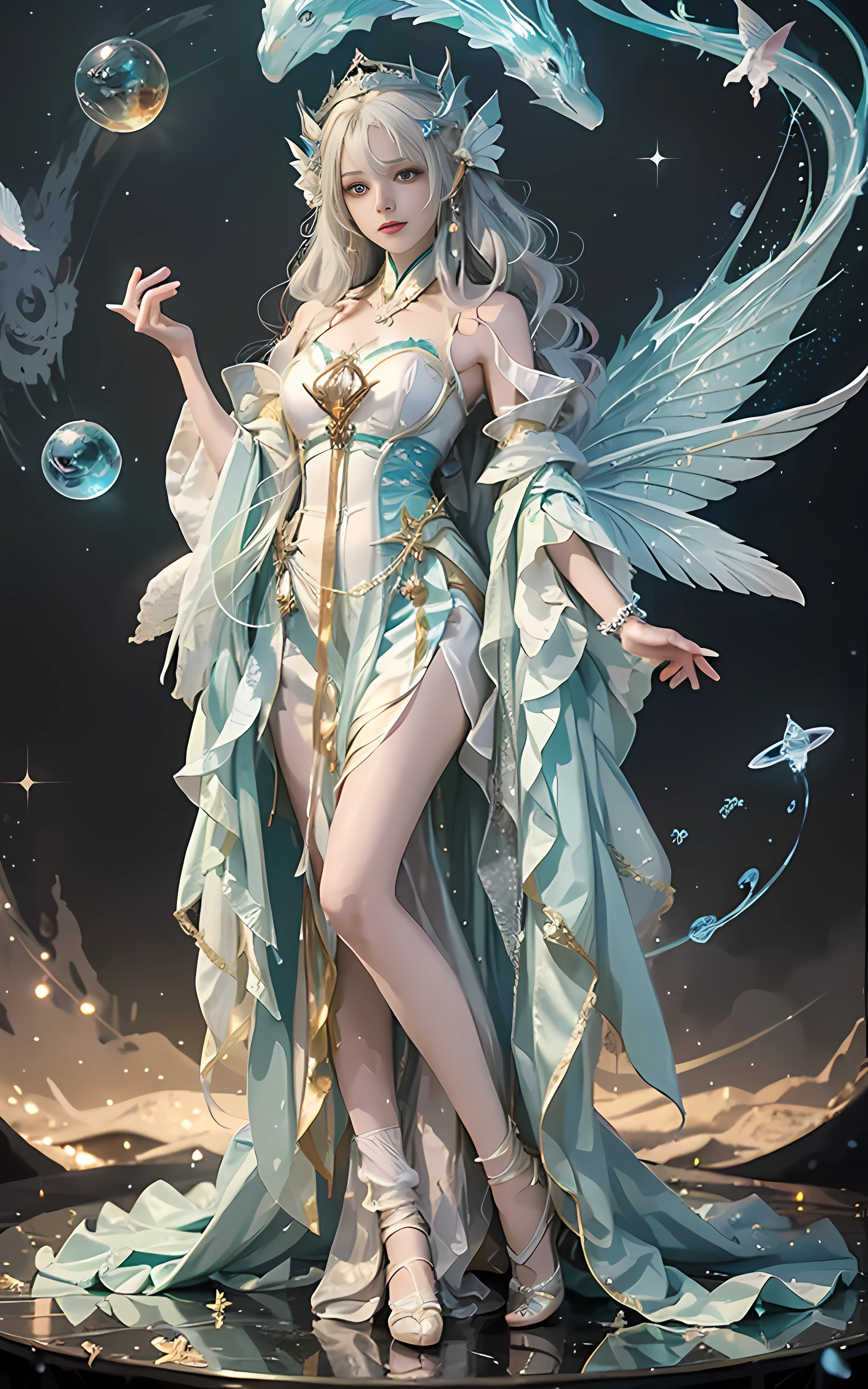 Close-up of women in costumes on stage, full body fairy, beautiful celestial mage, stunning young ethereal characters, beautiful fantasy queen, astral witch costume, sand stream, flowing magic robe, white Hanfu, fairy fantasy, beauty Delfin, ethereal fantasy, elegant and charming cosplay, Hirase Jinyao, charming and colorful, very coquettish