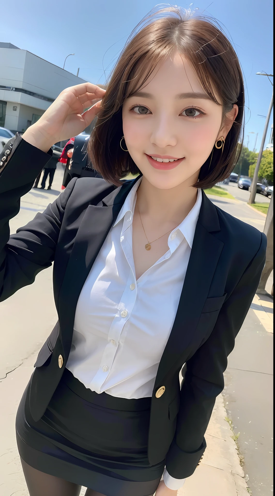 (8K, Best quality, Masterpiece:1.2),
(Realistic, photo-realistic:1.37),
Ultra-detailed,

1 girl, full bodyesbian, Outdoors, (Adjust hair:1.5)
Office Lady, black officeblazer, officeskirt, (Pantyhose:1.2), (short buttoneddownshirt:1.2), buttonedupcollarprim, buttoneddowncollarprim, Bra, (Pantyhose:1.2), alphalayers, high-heels,

Beautiful earrings,
Cute,
Solo,
Beautiful detailed sky,
(Smile:1.15),
(Closed mouth),
Small breasts,
Beautiful detailed eyes,
Business attire,
(Short hair:1.2),
Floating hair NovaFrogStyle,