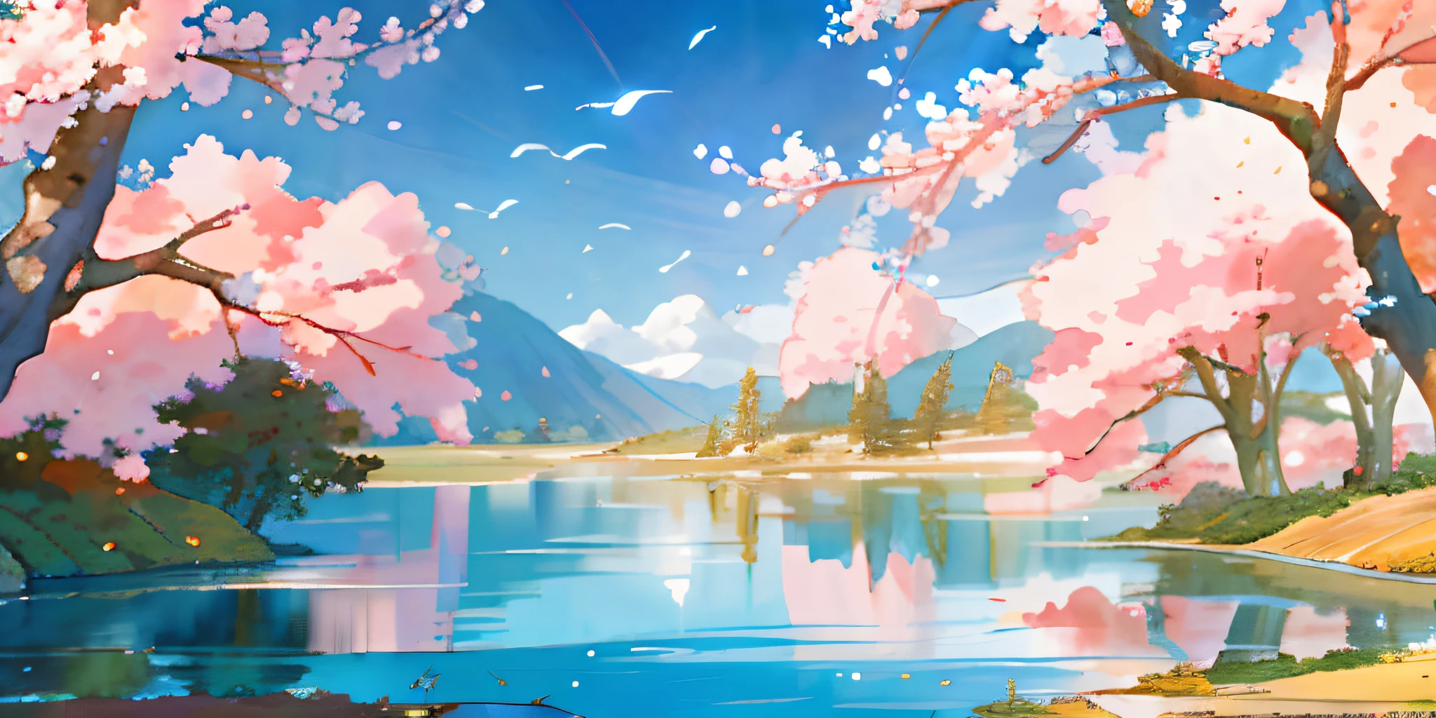 There is a painting of a lake，There is a boat inside, anime beautiful peace scene, Beautiful image, anime nature wallpap, beautiful anime scenery, landscape artwork, Anime landscapes, scenery wallpaper, beautiful lake background, dream scenery art, Landscape wallpaper aesthetics, beatiful background, scenery art detailed, anime backgrounds, seasons!! : 🌸 ☀ 🍂 ❄, Anime Nature, Anime landscape