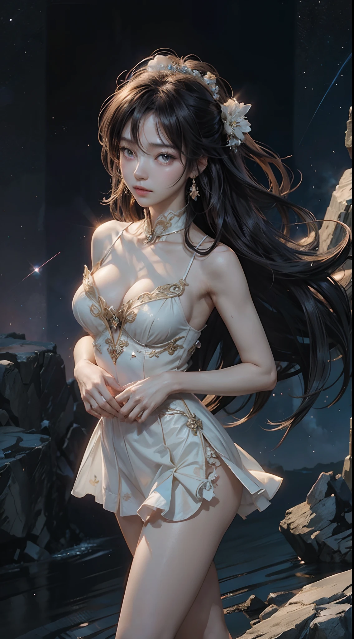Girl long hair, anime style 4 k, Beautiful seductive anime woman, Dreaming Space Background, soft colors, manga, Shojo, skill, cultivation, Dreaming, superior, masterpiece, high resolucion, (Exquisite body: 1.5), Stunning Beauty, (Milky Skin: 1.3), Delicate cosmic background details, Black stockings, beauty, 比基尼, Dim, murky, despair, mercy, Pathetic, films,, bare shoulder, (The middle), (Attractive body: 0.8),..