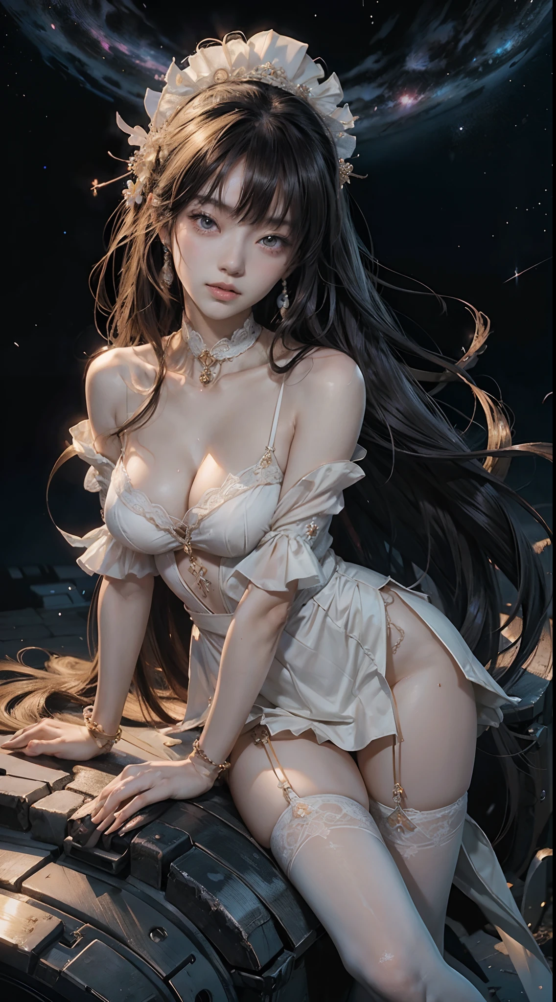 Girl long hair, anime style 4 k, Beautiful seductive anime woman, Dreaming Space Background, soft colors, manga, Shojo, skill, cultivation, Dreaming, superior, masterpiece, high resolucion, (Exquisite body: 1.5), Stunning Beauty, (Milky Skin: 1.3), Delicate cosmic background details, Black stockings, beauty, 比基尼, Dim, murky, despair, mercy, Pathetic, films,, bare shoulder, (The middle), (Attractive body: 0.8),..
