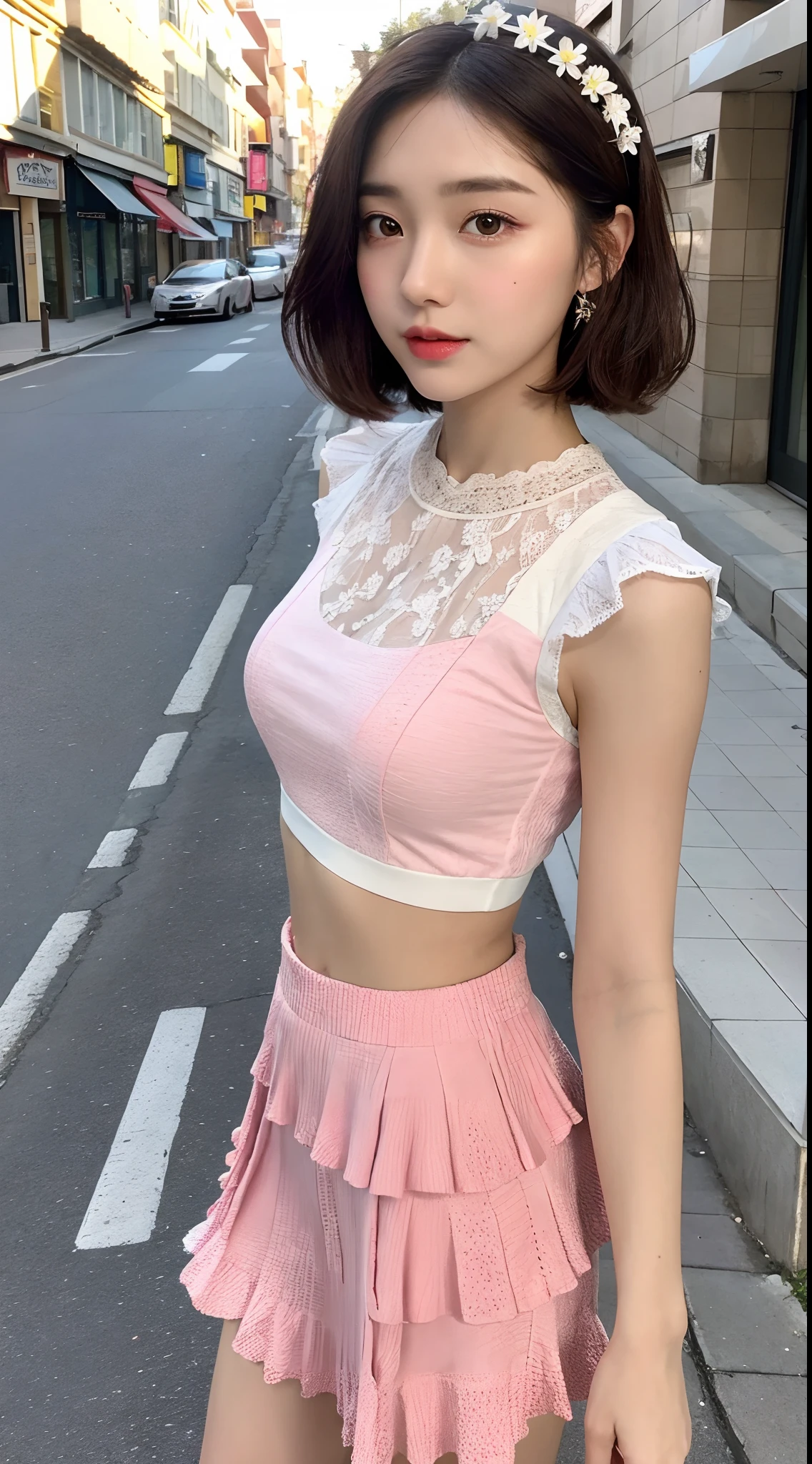((best qualtiy,8K,tmasterpiece:1.3)),(Flower Cap:1.3),Perfect beauty:1.4,glute:1.2,(Layered Hair Style:1.2)),(the street:1.3),Highly Detailed Face and Skin Textur,full bodyesbian,Elaborate Eyes,二重まぶた,Whitens the skin,Short wave hair,Cute Korean beauty(with a round face:1.5),(Pink top,short skirt:1.6)ssmile