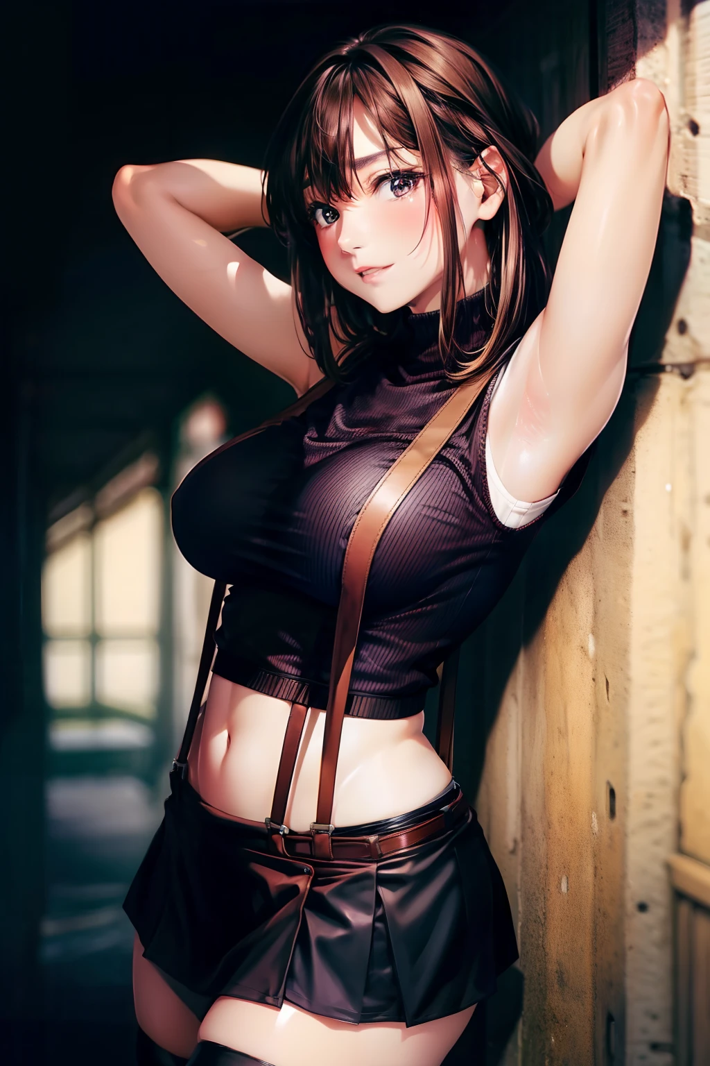 Big breasts　　　suspenders　　garterbelts　　　Black stockings　　　Armpit sweat　a miniskirt　Brown hair　　　Futomo　Tank tops　Hands behind the head　　　walls　　Futomo　Impatient