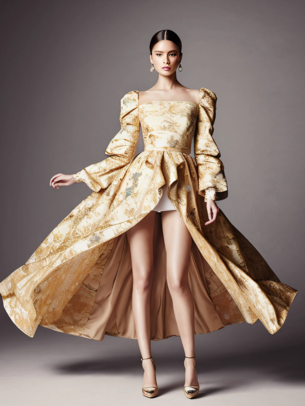 ((top-quality、8K、masterpiece:1.3)),Full body composition: High Fashion Editorial
photography, Super Detail Face,Studio portrait, Ultra-realistic, fashion
model, exaggerated pose, Sculpture clothing, Big sleeves, Big silhouette, Dynamism,
Contemporary art, Sun motifs