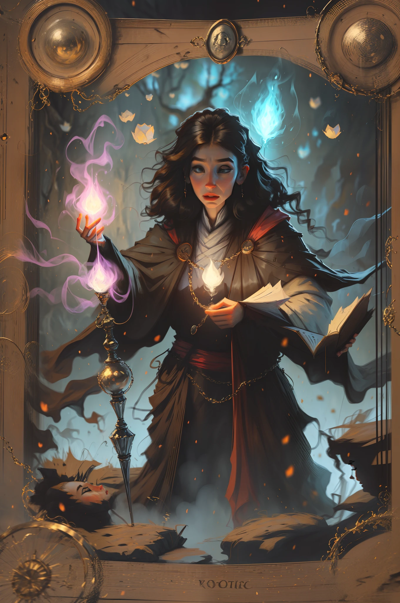 imagem arafed de uma mulher segurando uma espada e um orbe brilhante, Retrato da feiticeira feminina, Retrato de um mago feminino, Female mage conjuring a spell, Retrato de um Mago, Retrato de uma feiticeira, an arcane wizard casting a spell, Retrato de um mago da floresta, pintado no estilo arcano, fantasy genre portrait