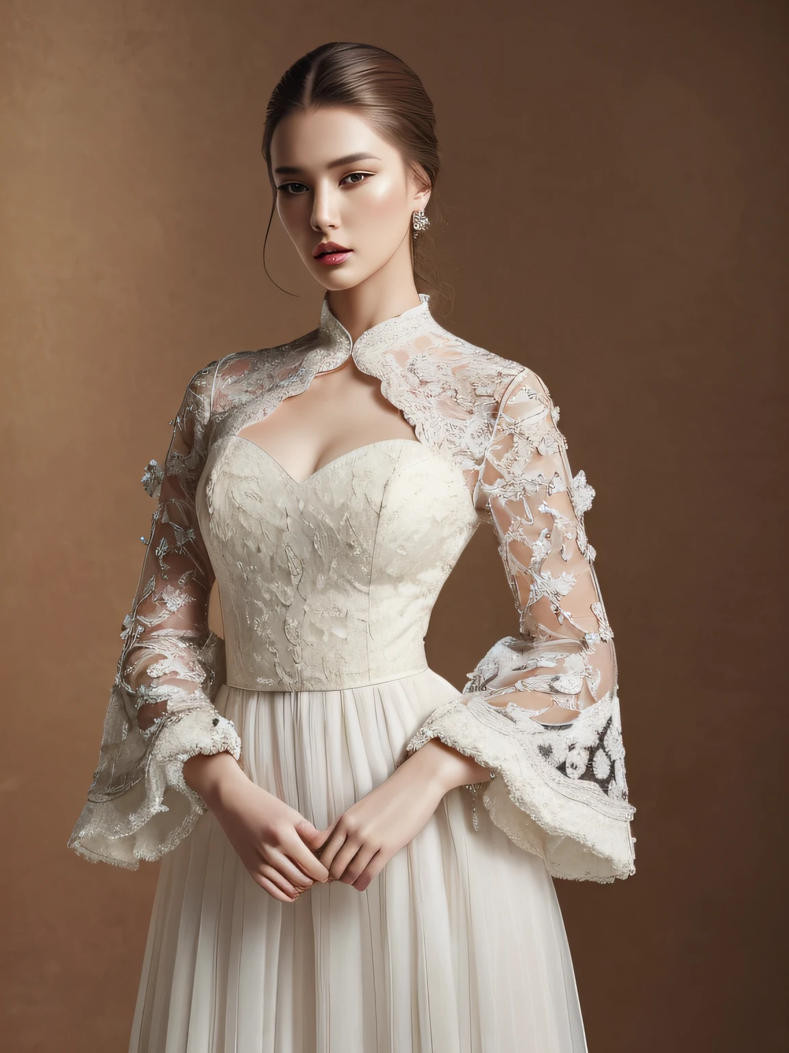 ((top-quality、8K、masterpiece:1.3)),Full body composition: High Fashion Editorial
photography, Super Detail Face,Studio portrait, Ultra-realistic, fashion
model, exaggerated pose, Sculpture clothing, Big sleeves, Big silhouette, Dynamism,
Contemporary art, Sun motifs