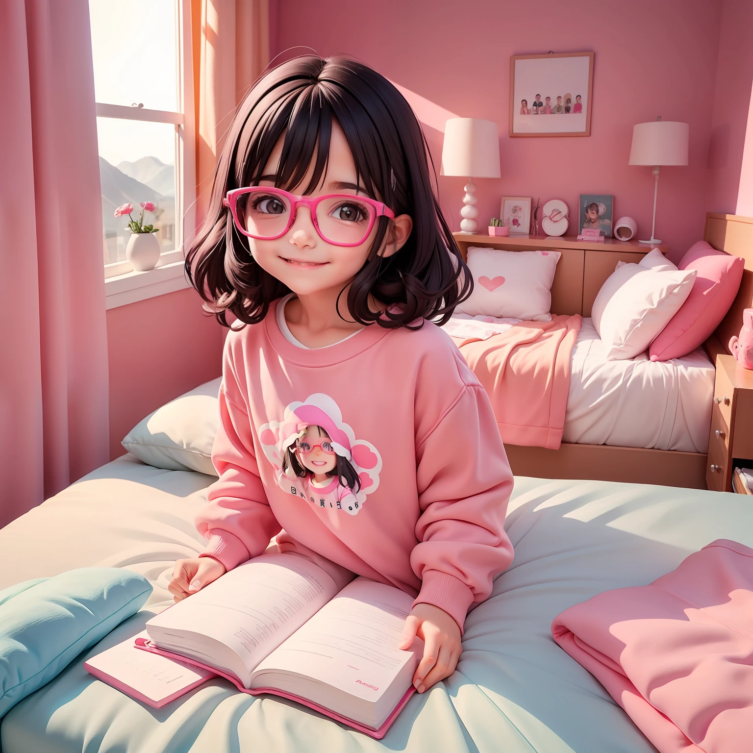 7 year old girl with pink sweatshirt, dark black hair, glasses, happy smiling, waking up in bed, scenery with bed children's room