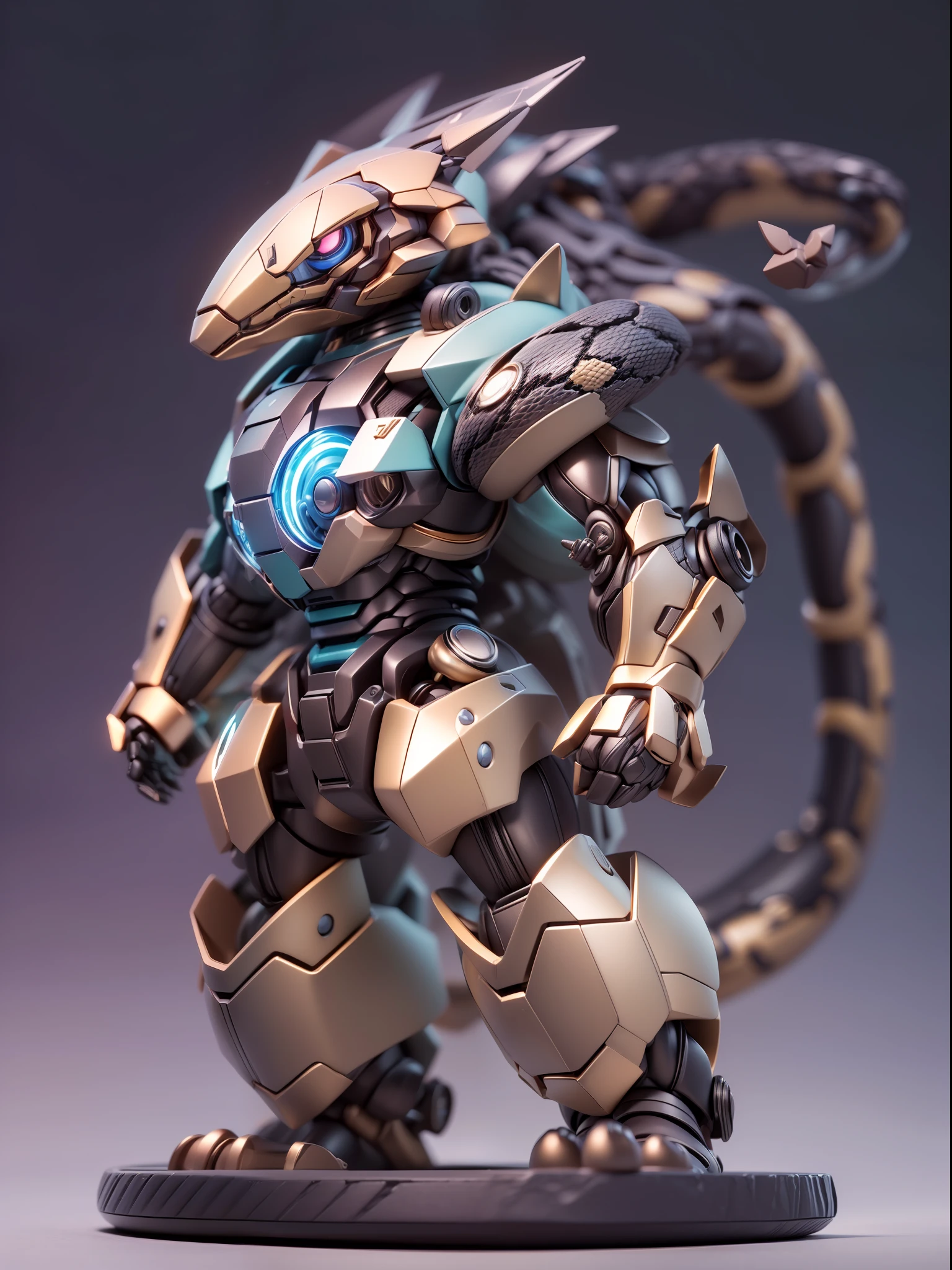 (Blind box toy style:1.3),((Full body shot))(anthropomorphism) , (1 strong snake mecha warrior)(((solo))) metal mecha,dreamy glow, Clean dark background,Brown black style，(circular base）( Global illumination, Ray tracing, hdr, unreal render,reasonable design, high detail, Masterpiece, Best quality, hyper HD, Cinematic lighting)