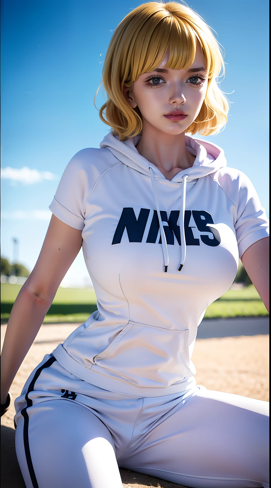 a woman, stussy from one piece anime, blonde hair, short hair, hair tie, big boobs, perfect body, standing, tall, tall woman, sexy, hot girl, wearing a white nike hoodie, white jogger pants, white nike shoes, on football field, wearing a smartwatch, smile slightly, looking at the viewer, hd image, super detail quality, super detail, hd quality, 8k, fuji photo, canon photo