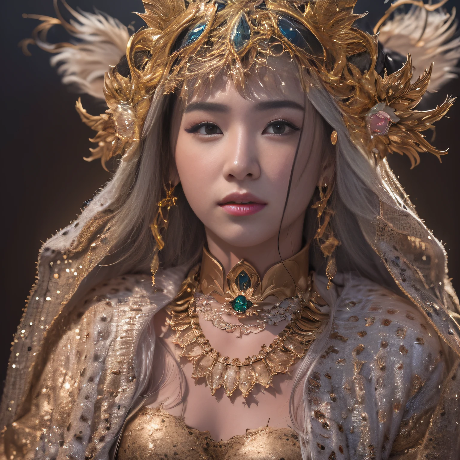 16k(tmasterpiece,k hd,hyper HD,16k)short detailed hair,Gold jewelry area in the back room,Flame Girl ,Crocodile protector (realisticlying:1.4),Python pattern robe,Purple-pink tiara,Snowflakes fluttering,The background is pure,Hold your head high,Be proud,The nostrils look at people, A high resolution, the detail, RAW photogr, Sharp Re, Nikon D850 Film Stock Photo by Jefferies Lee 4 Kodak Portra 400 Camera F1.6 shots, Rich colors, ultra-realistic vivid textures, Dramatic lighting, Unreal Engine Art Station Trend, cinestir 800,Hold your head high,Be proud,The nostrils look at people