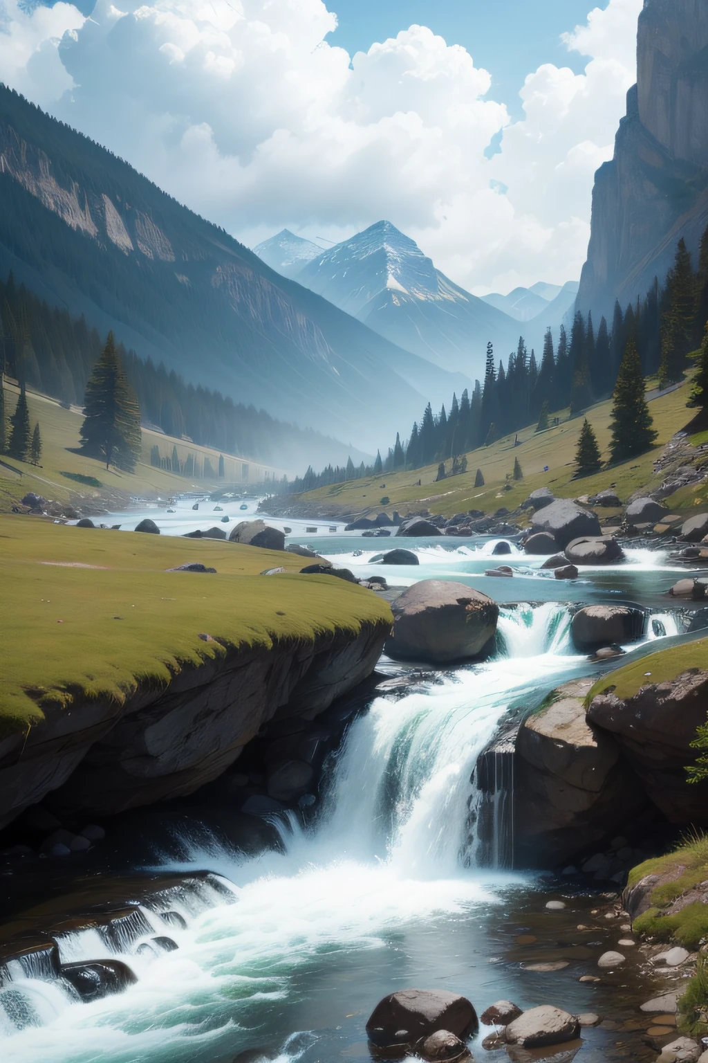 Tall mountain streams, mountain streams, waterfalls, cloudy mist, real ultra-high resolution