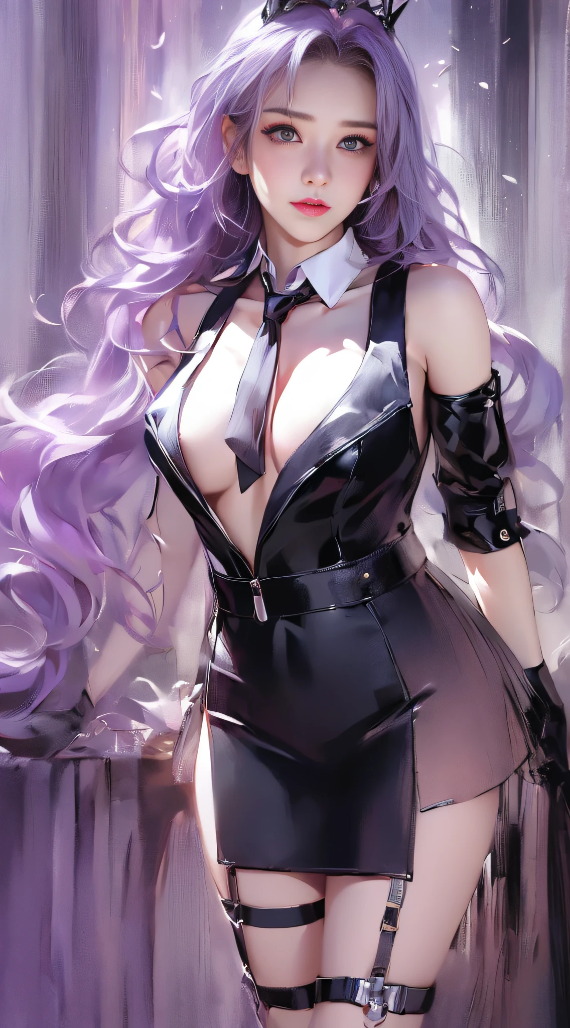 (full body:1.2),(detailed face and eyes:1.3),Classic headshot pose:1.2
torchan,1girl,solo,long hair,purple hair,green eyes,sunglasses,mini crown,shirt,long sleeves,necktie,ahoge,suspenders,suspender skirt,single thigh strap,holster,kneehighs,
Ultra-detail,(highres:1.1),best quality,(masterpiece:1.3),cinematic lighting,