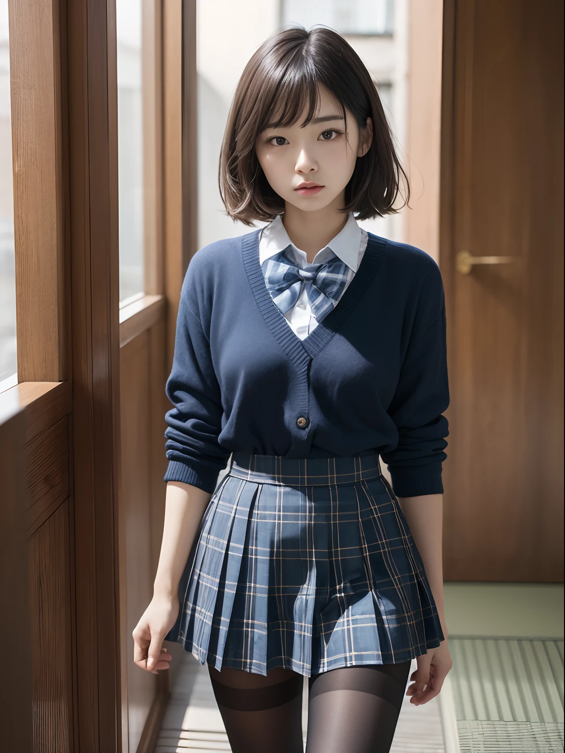 (8K、Raw photography、top-quality、masterpiece:1.2),(bob cuts),cocky,School,watching at viewers,Looking at the front,Muchimuchi,Erotic,Pupils,(Light blue bra seen through the shirt),de pele branca,kne,(Black pantyhose),absurderes,a small face,small tits,flat breast,Parting the bangs from the middle、Forehead visible,(a cold expression,Tight eyes,glares,Bullish,skinny,Rasping,irate)、masterpiece,top-quality、超A high resolution,Raw photo,ren,Beautiful fece,One Person, 独奏,eye glass,,Dark look,Small breasts,fullllbody,Round glasses、cute little,JK school uniform,hi-school girl,A Japanese Lady,is standing,(Photorealsitic:1.37)、Photon mapping,Realistic、Beautie,Cute little face,Brown-eyed、Black socks、(Red bow tie)、Radio City、Physically Based Rendering、depth of fields、Blurry background、a picture,Body,s girl,beauty legs, Long legs, Thin leg,(Bangs are visible), hair, s lips, Blue_The eye, nosesoft,(Light blue shirt), (Navy and blue and white plaid pleated skirt), Knees are visible,Sheer clothing,, Thigh, Black cotton socks,Nogizaka Idol, 女優, Japanese ido