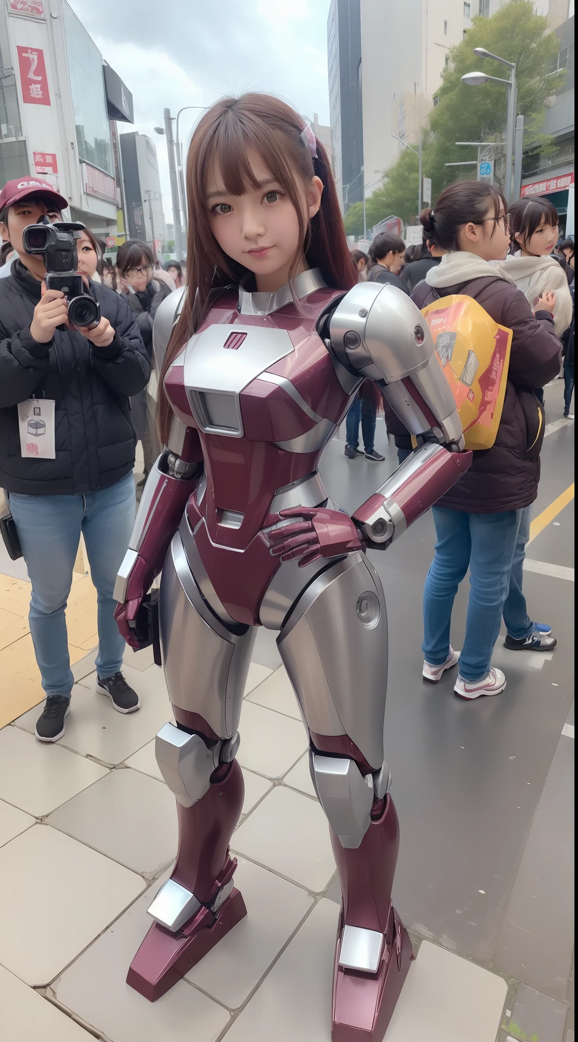 (Photorealsitic:1.4)、Onegirl、(akihabara)、(top-quality)、(hyperdetailed face)、(Robot Girl)、(Mobile suit style)、(10Head and body)、(Burgundy)、(Silver)、(Standing with legs open)、(Hands on hips)