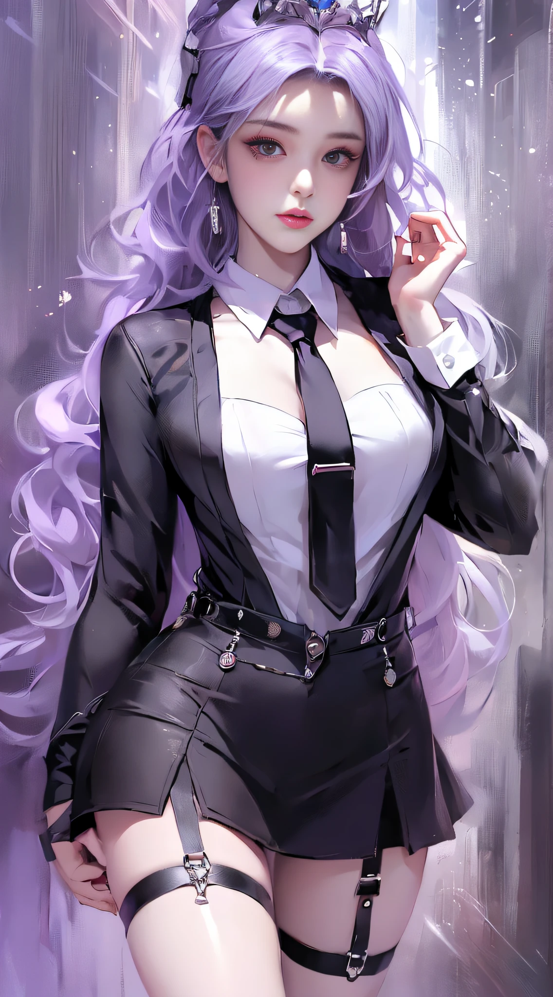 (full body:1.2),(detailed face and eyes:1.3),Classic headshot pose:1.2
torchan,1girl,solo,long hair,purple hair,green eyes,sunglasses,mini crown,shirt,long sleeves,necktie,ahoge,suspenders,suspender skirt,single thigh strap,holster,kneehighs,
Ultra-detail,(highres:1.1),best quality,(masterpiece:1.3),cinematic lighting,