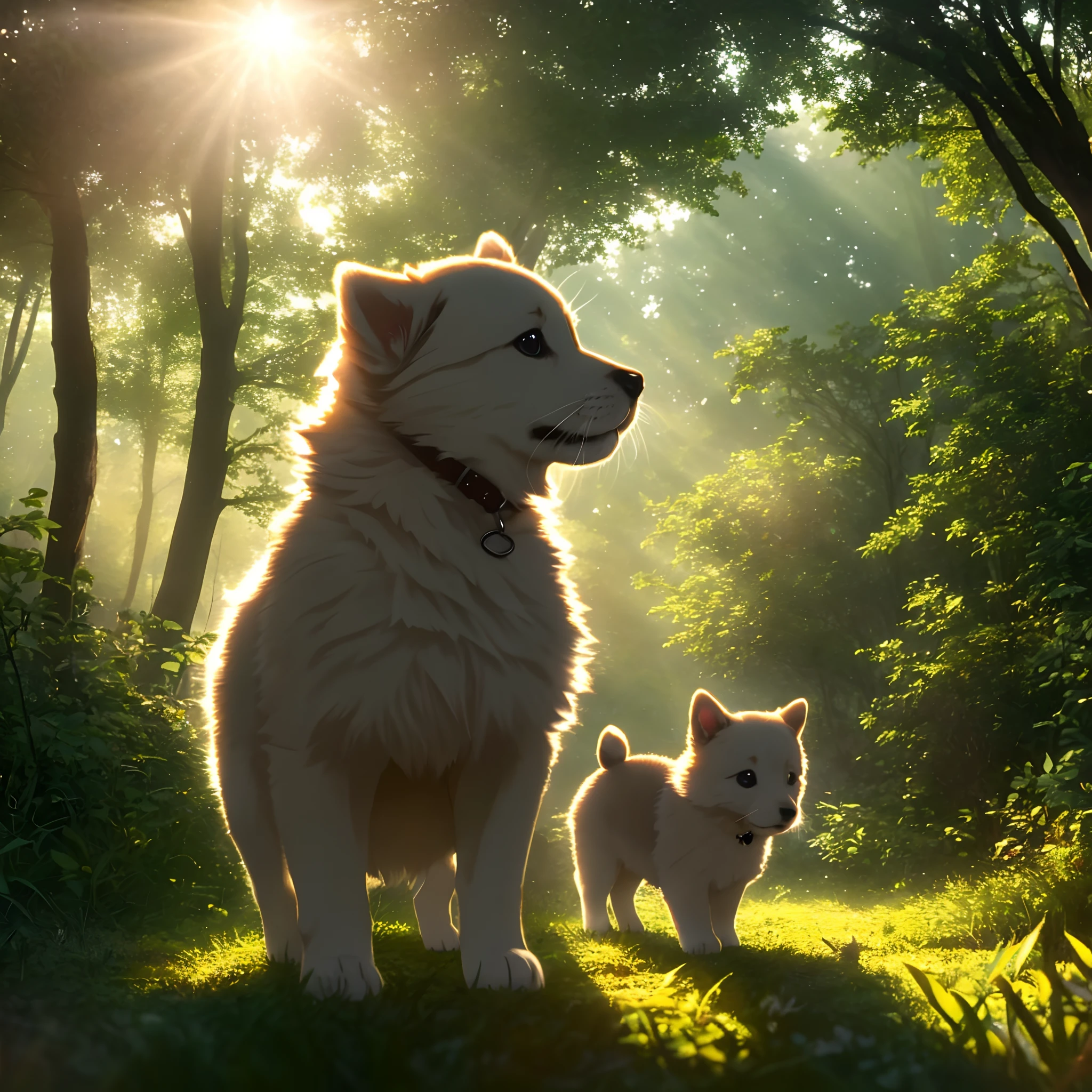 (best quality: 1.2), (masterpiece: 1.2), (realistic: 1.2), closeup photo, a very cute jumping puppy in the forest, soft volumetric lights, (looking at the viewer: 1.3), (backlit:1.3), (cinematic:1.2), intricate details, masterpiece