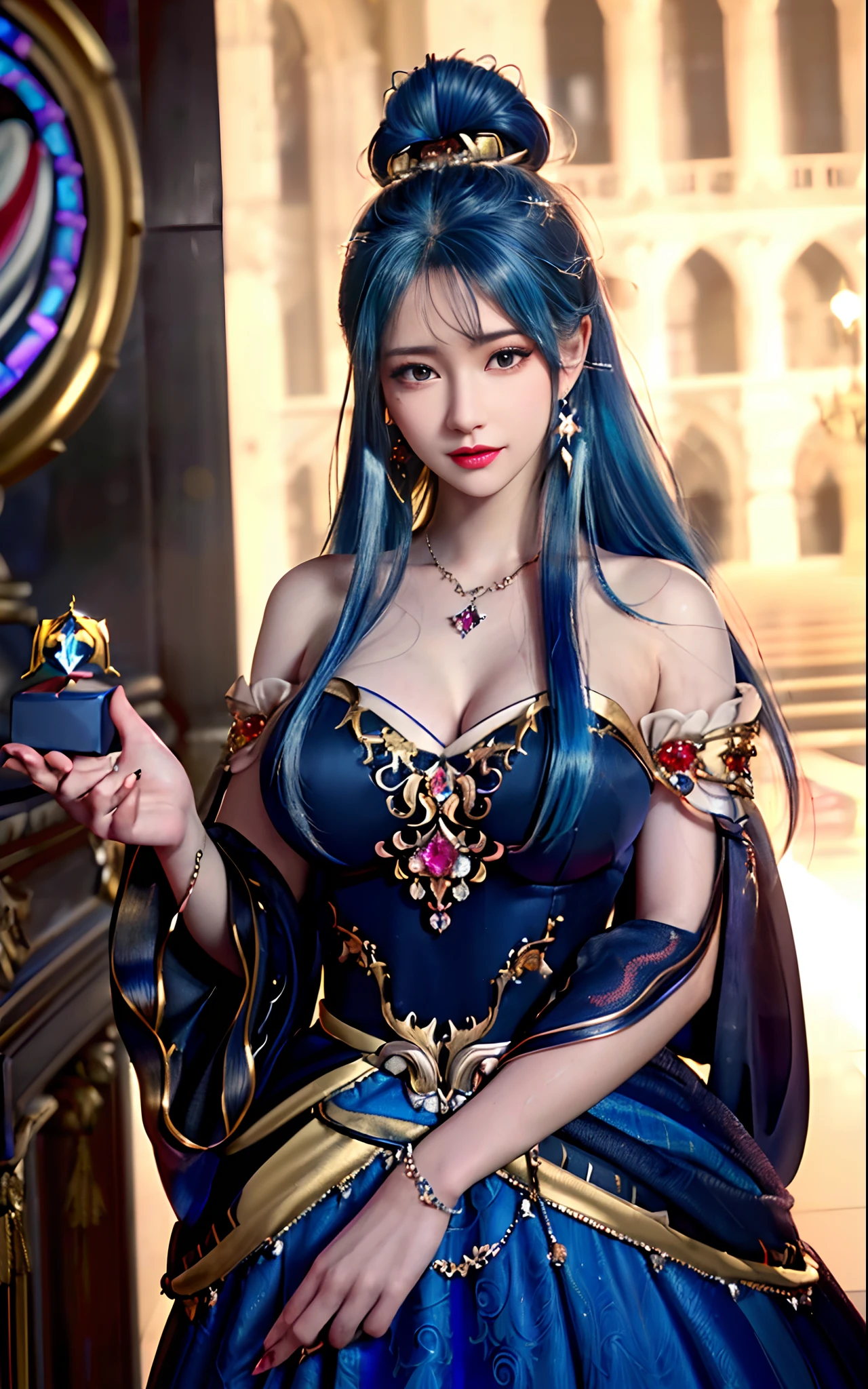 ((realisticity: 1.2)), ((realistic: 8K UHD)), ((best resolution: 8K UHD)), hyper detailed, best quality,masterpiece,highres,cg, ((1 girl hyper detailed and hyper realistic) ) , ((beautiful queen, hyper realistic and hyper detailed)),((white skin, beautiful, smooth, youthful, hyper realistic and hyper detailed )), ((Face hyper beautiful, white, hyper realistic and hyper detailed ) ), long hair, ((hyper realistic and hyper detailed dress)), solo, ((hyper realistic, hyper beautiful, beautiful and hyper detailed jewelry)), ((hyper beautiful deep red and golden yellow dress, hyper realistic and hyper detailed )) , ((Her pretty, hyper realistic, hyper detailed diamond filled earrings)), ((Her gorgeous diamond haircut, hyper realistic and hyper detailed)), ((hyper pretty upper body, hyper beautiful, hyper realistic and hyper detailed) ), ((medium breast: 1.5)), ((hyper realistic, hyper pretty, hyper detailed boobs)), ((the backgroun of the royal palace is hyper majestic, hyper realistic and hyper detailed)),((hands and palms hyper beautiful, hyper detailed, hyper realistic)), ((hyper pretty, hyper pretty, hyper realistic and hyper detailed hair bun)), ((hyper pretty , hyper realistic and hyper detailed blue hair)), candid, Photo, high resolution, 8k , bokeh,