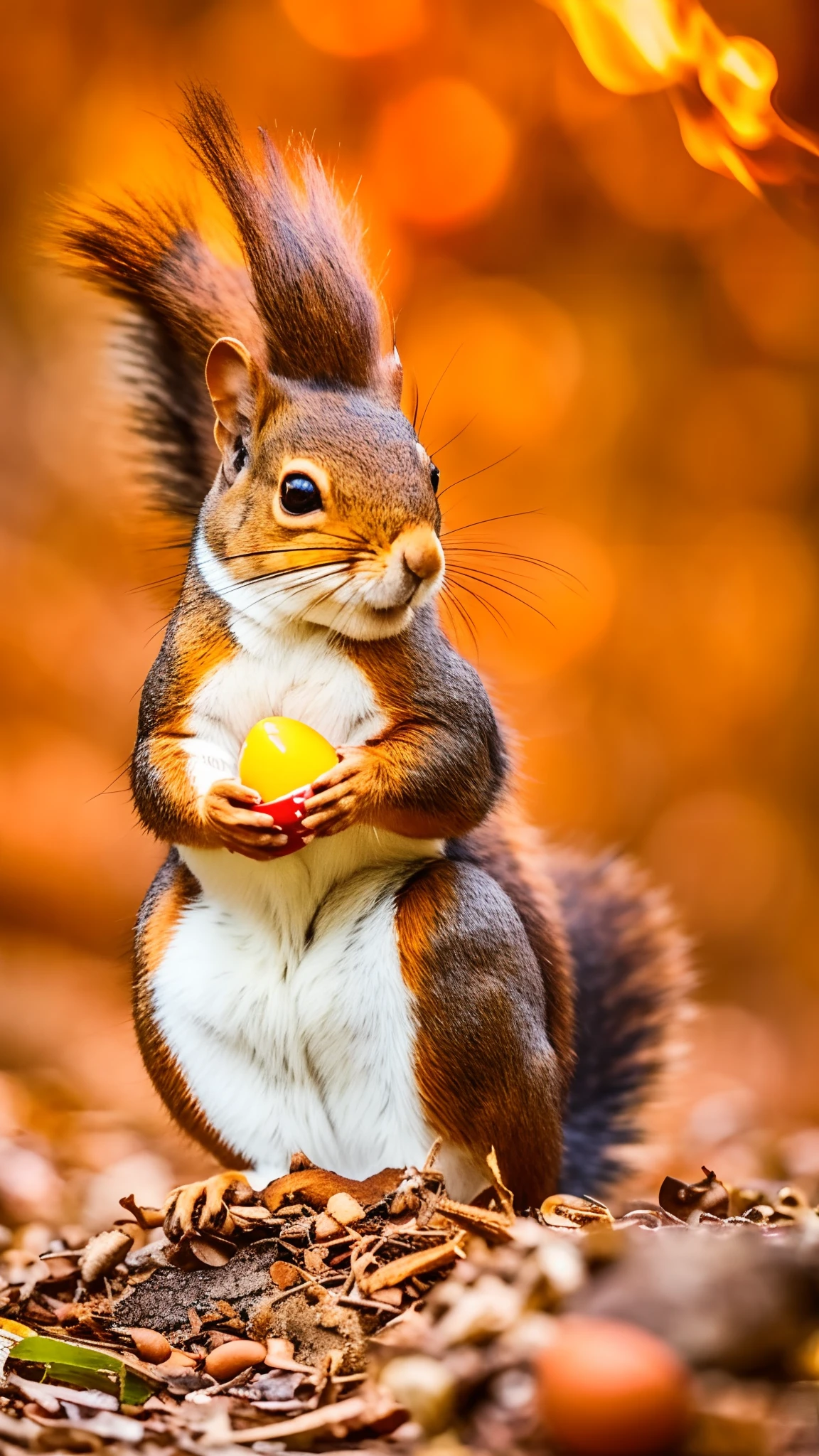 There are squirrels feeding on eggs on the ground, squirrel, the squirrel king, having a snack, a squirrel, Servant squirrel, Illustration!, acorn, 🦩🪐🐞👩🏻🦳, Close-up photos, ❤🔥🍄🌪, Shy Expressions, portrait shot, cute animal, high quality portrait, Beautiful Art