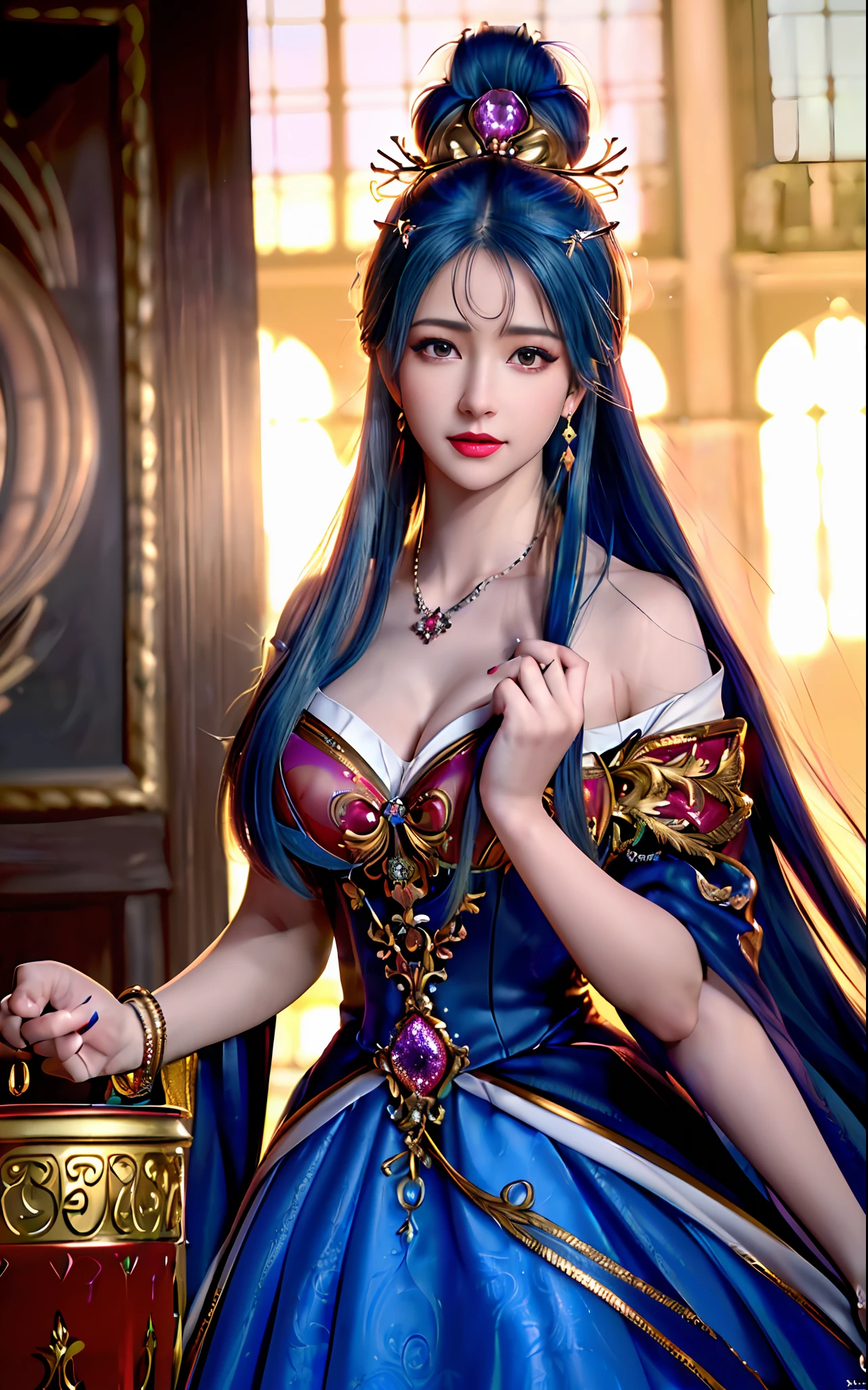 ((realisticity: 1.2)), ((realistic: 8K UHD)), ((best resolution: 8K UHD)), hyper detailed, best quality,masterpiece,highres,cg, ((1 girl hyper detailed and hyper realistic) ) , ((beautiful queen, hyper realistic and hyper detailed)),((white skin, beautiful, smooth, youthful, hyper realistic and hyper detailed )), ((Face hyper beautiful, white, hyper realistic and hyper detailed ) ), long hair, ((hyper realistic and hyper detailed dress)), solo, ((hyper realistic, hyper beautiful, beautiful and hyper detailed jewelry)), ((hyper beautiful deep red and golden yellow dress, hyper realistic and hyper detailed )) , ((Her pretty, hyper realistic, hyper detailed diamond filled earrings)), ((Her gorgeous diamond haircut, hyper realistic and hyper detailed)), ((hyper pretty upper body, hyper beautiful, hyper realistic and hyper detailed) ), ((medium breast: 1.5)), ((hyper realistic, hyper pretty, hyper detailed boobs)), ((the backgroun of the royal palace is hyper majestic, hyper realistic and hyper detailed)),((hands and palms hyper beautiful, hyper detailed, hyper realistic)), ((hyper pretty, hyper pretty, hyper realistic and hyper detailed hair bun)), ((hyper pretty , hyper realistic and hyper detailed blue hair)), candid, Photo, high resolution, 8k , bokeh,