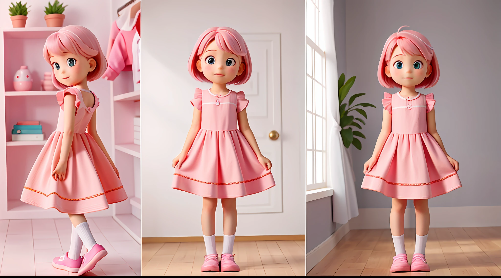 enerate three views, firstly the front view, secondly the left view, thirdly the back view, full body, 6year old girl, A pink-haired，Pink dress, Pink clothes